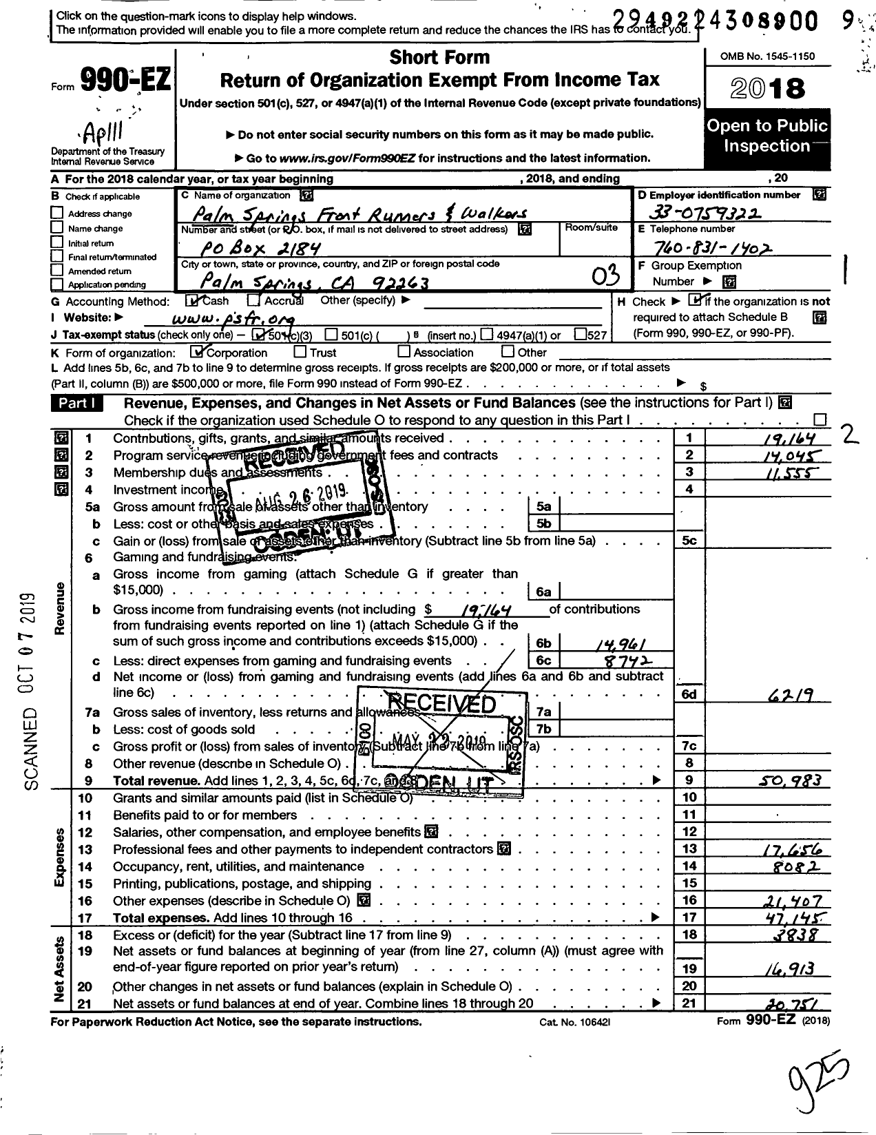 Image of first page of 2018 Form 990EZ for Palm Springs FrontRunners