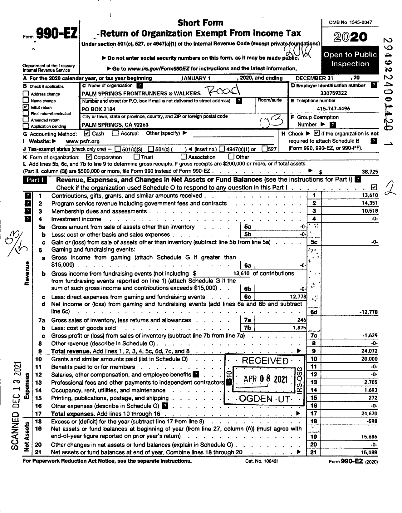 Image of first page of 2020 Form 990EZ for Palm Springs FrontRunners