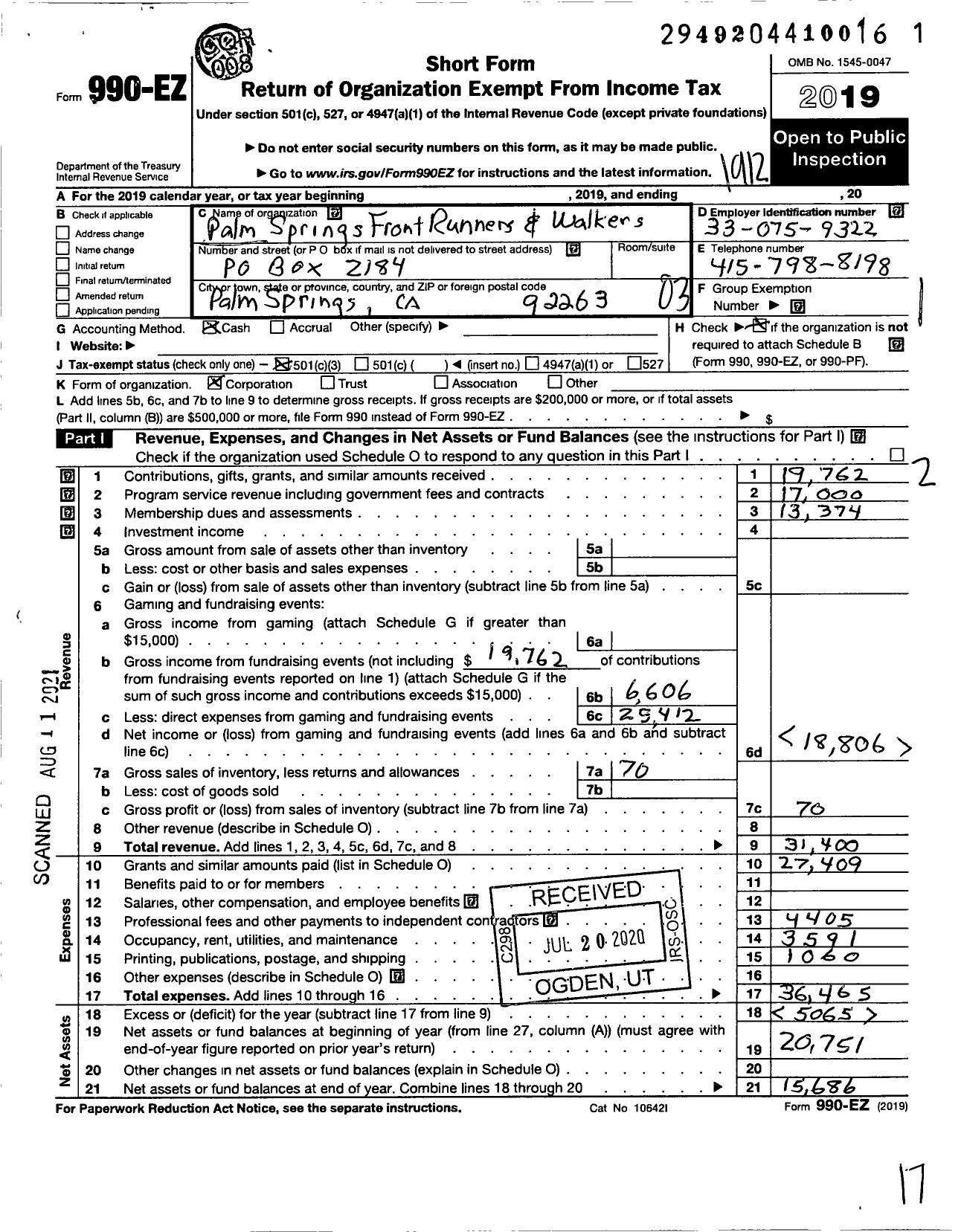 Image of first page of 2019 Form 990EZ for Palm Springs FrontRunners