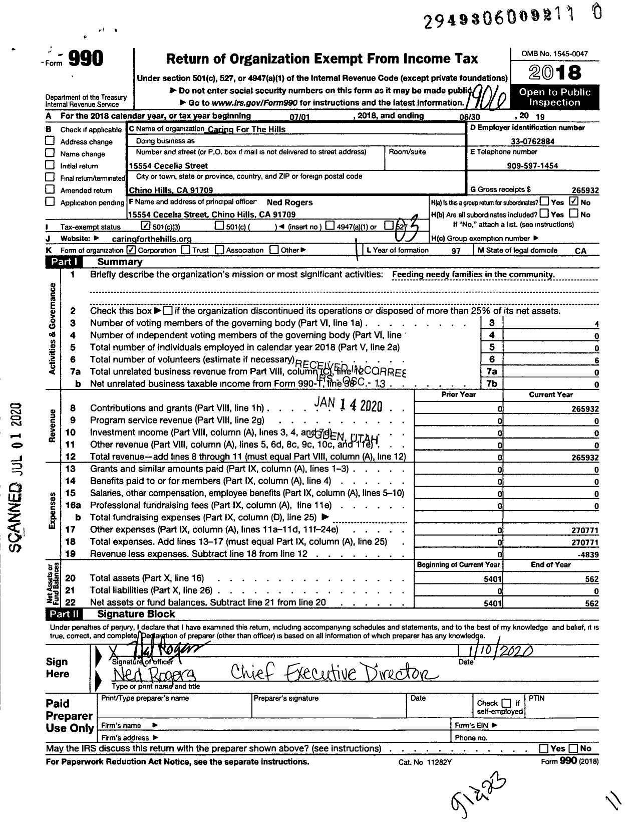 Image of first page of 2018 Form 990 for Caring for the Hills