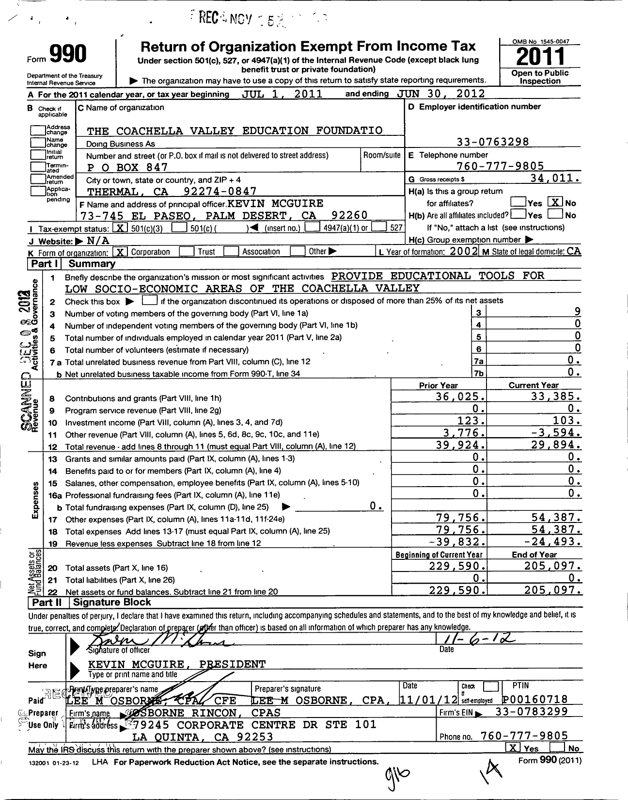 Image of first page of 2011 Form 990 for The Coachella Valley Education Foundation