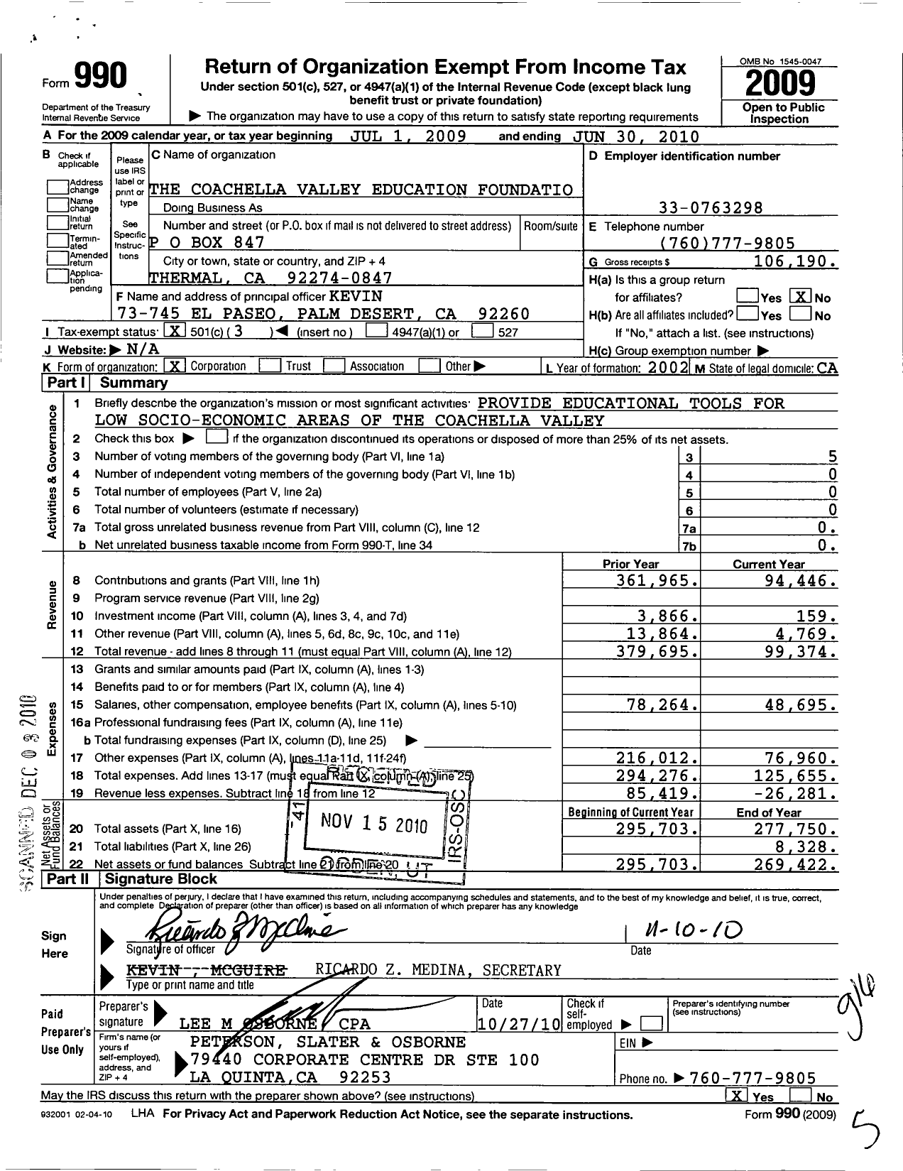 Image of first page of 2009 Form 990 for The Coachella Valley Education Foundation