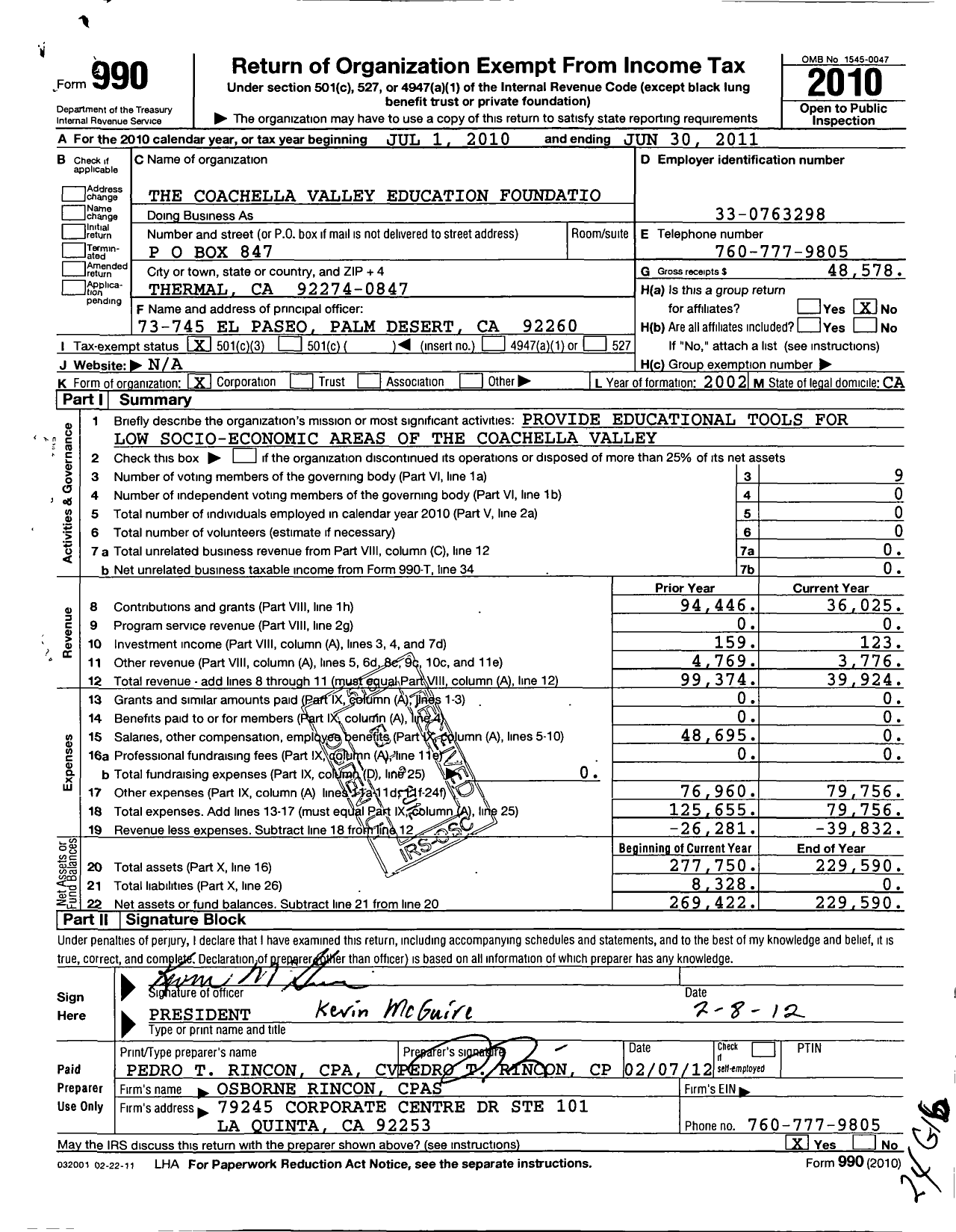 Image of first page of 2010 Form 990 for The Coachella Valley Education Foundation