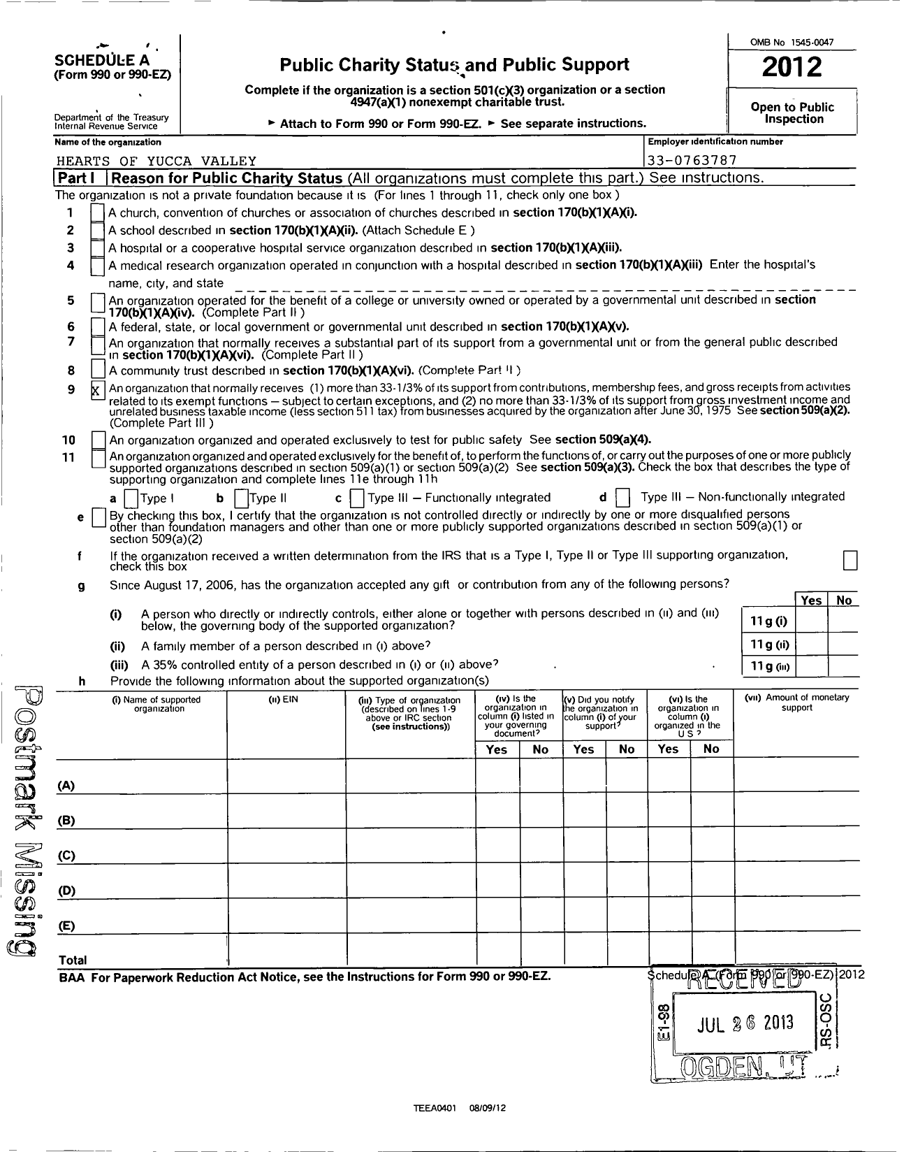 Image of first page of 2012 Form 990ER for Hearts of Yucca Valley