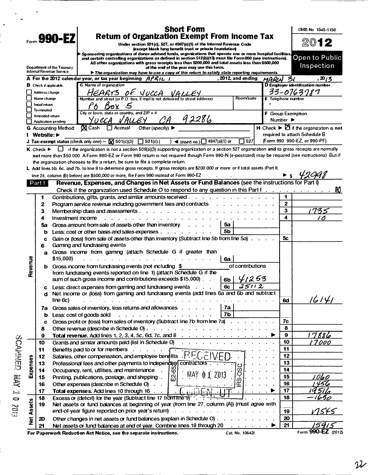 Image of first page of 2012 Form 990EZ for Hearts of Yucca Valley