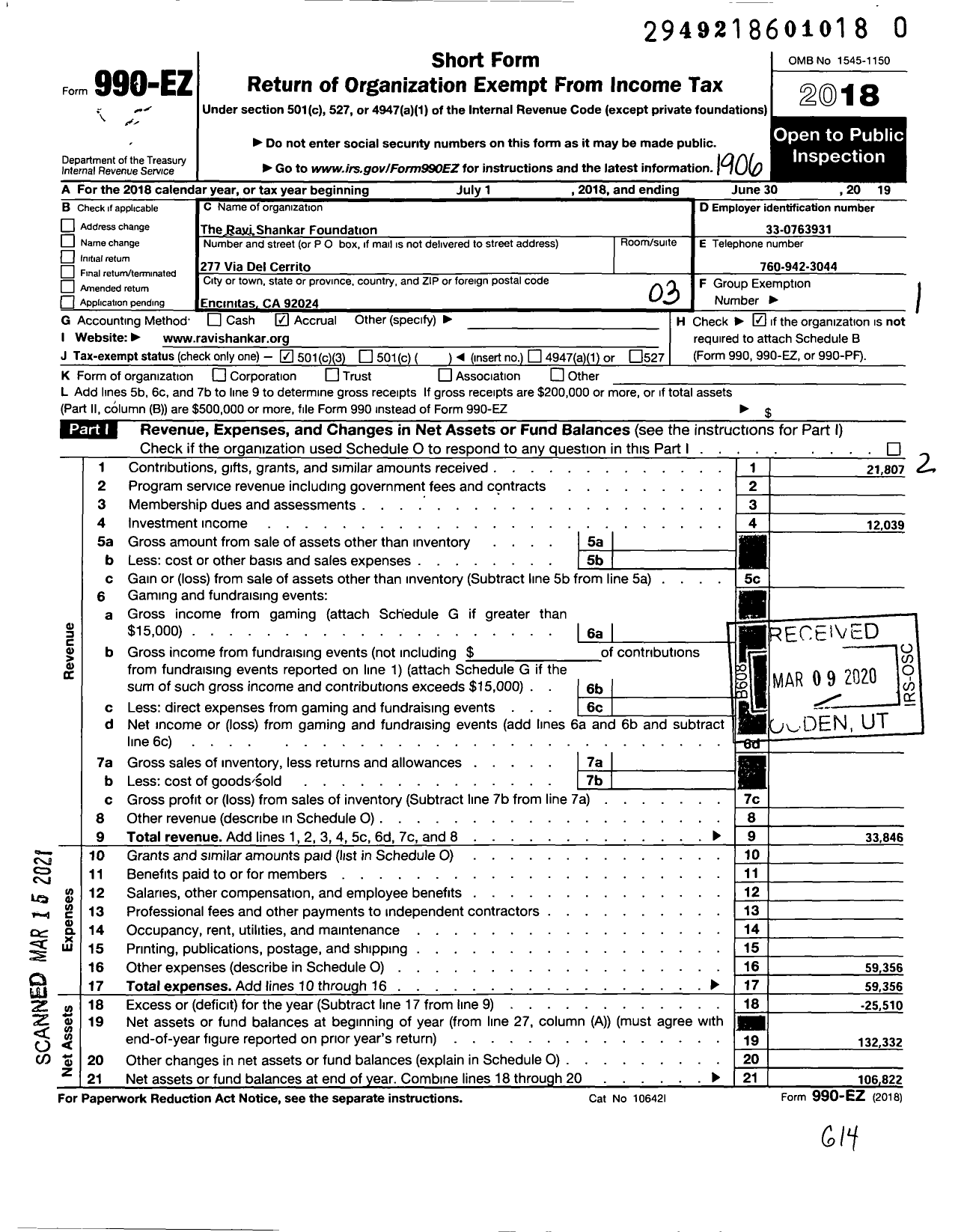 Image of first page of 2018 Form 990EZ for The Ravi Shankar Foundation