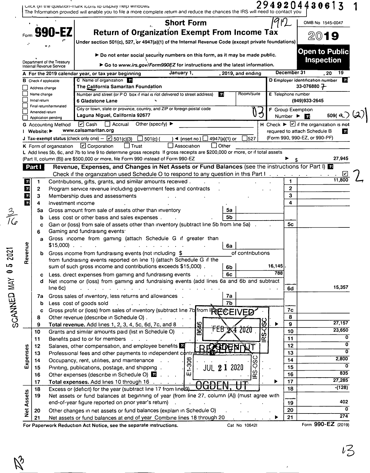 Image of first page of 2019 Form 990EZ for California Samaritan Foundation