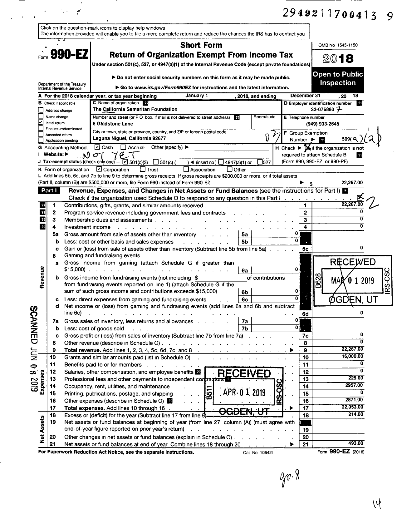 Image of first page of 2018 Form 990EZ for California Samaritan Foundation