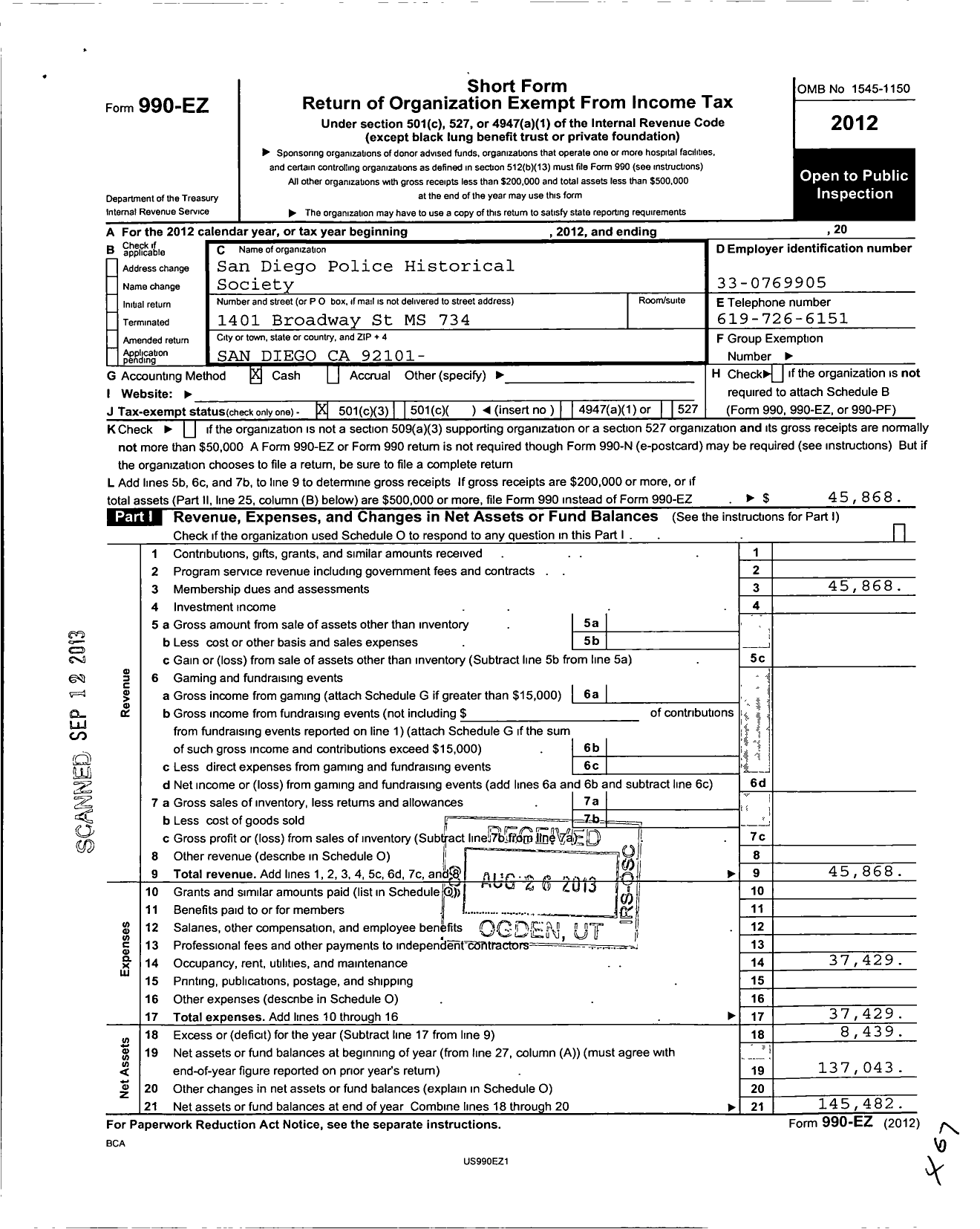 Image of first page of 2012 Form 990EZ for San Diego Police Historical Association