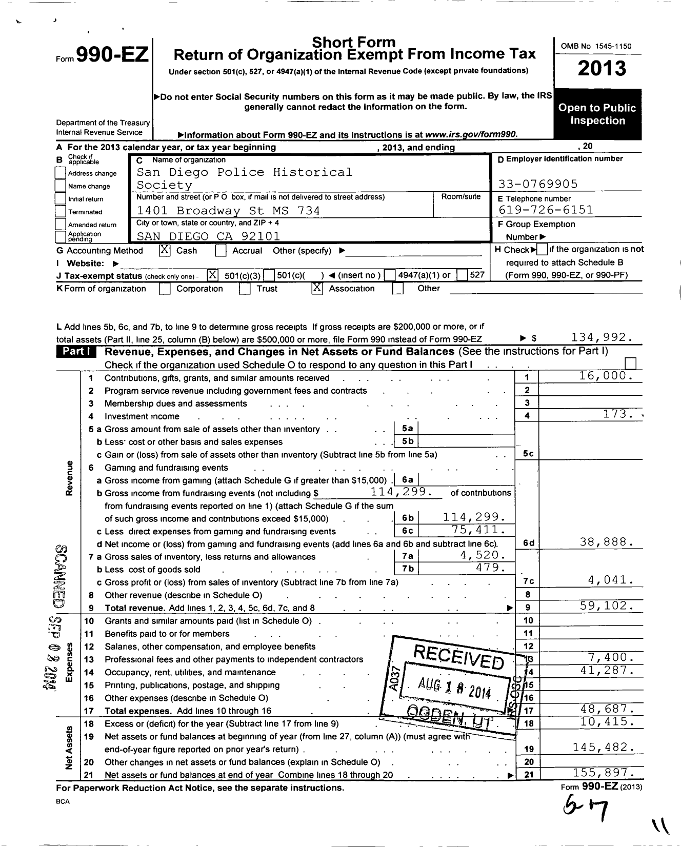 Image of first page of 2013 Form 990EZ for San Diego Police Historical Association