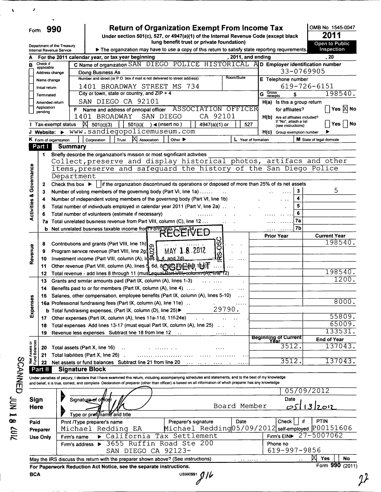 Image of first page of 2011 Form 990 for San Diego Police Historical Association