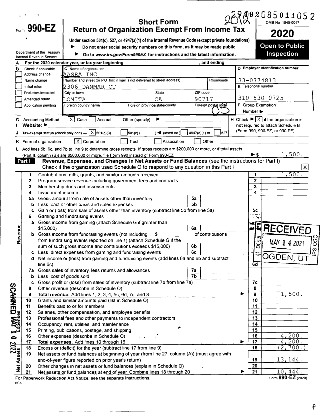 Image of first page of 2020 Form 990EZ for Aasra