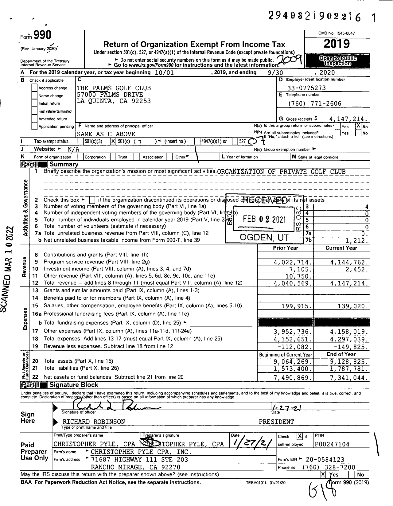 Image of first page of 2019 Form 990O for The Palms Golf Club