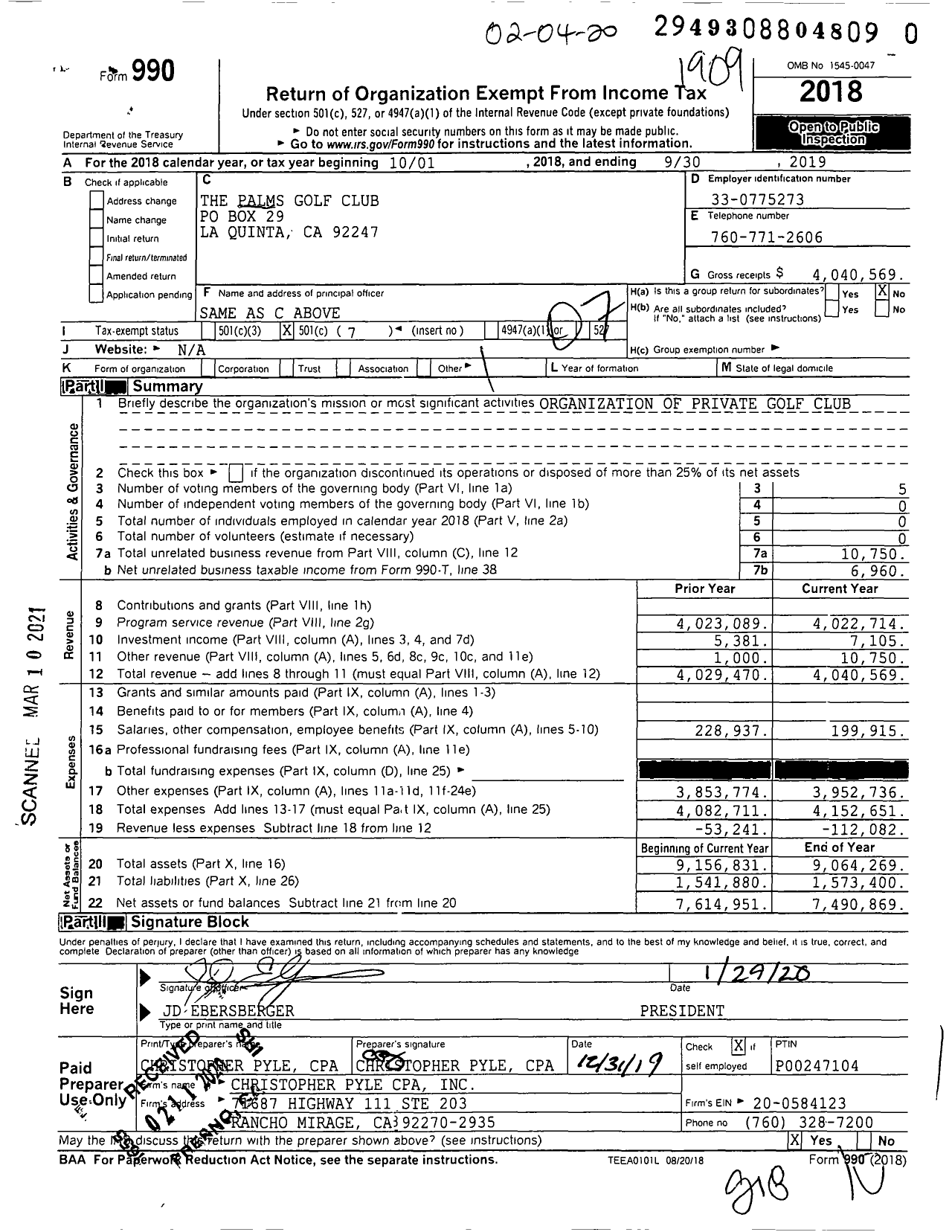 Image of first page of 2018 Form 990O for The Palms Golf Club