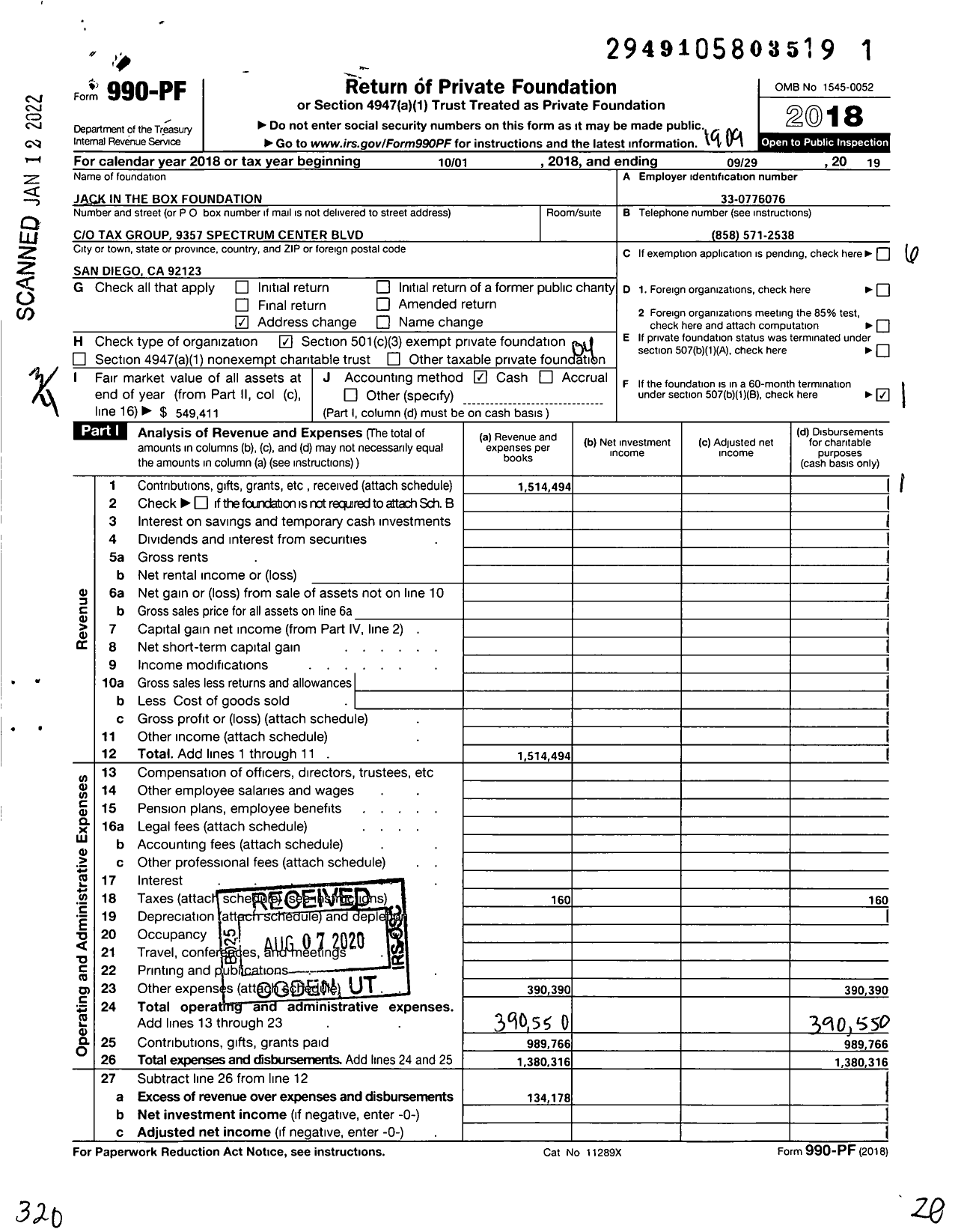 Image of first page of 2018 Form 990PF for Jack in the Box Foundation