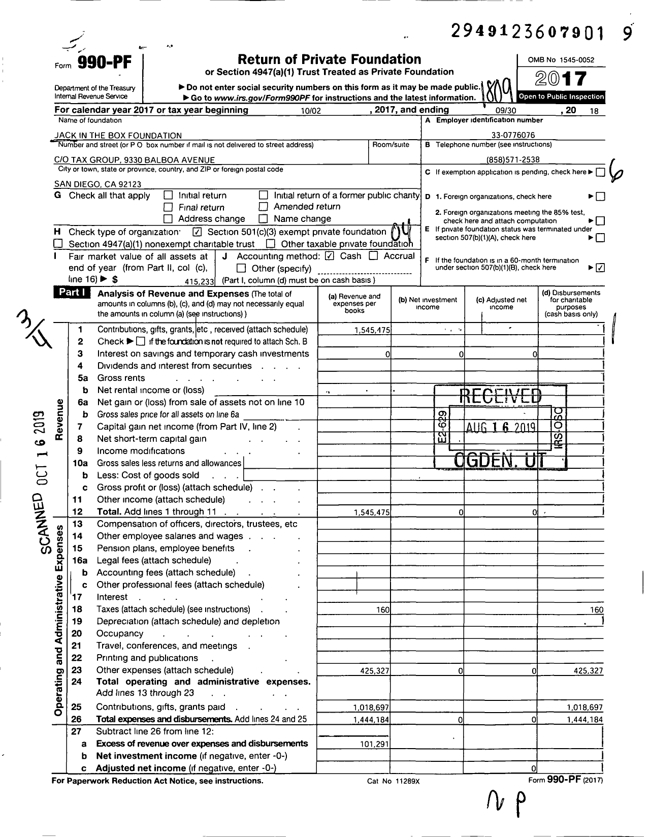 Image of first page of 2017 Form 990PF for Jack in the Box Foundation