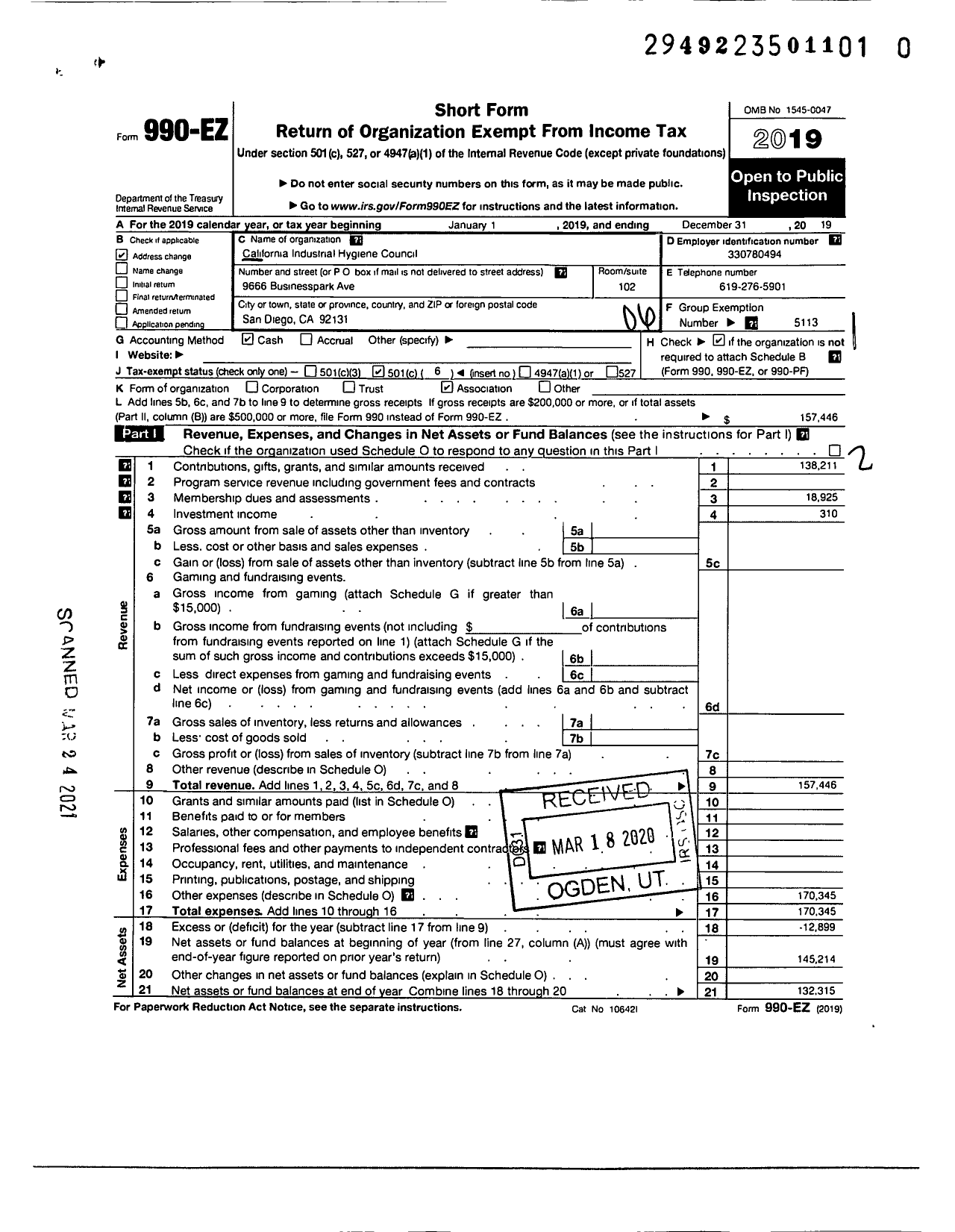 Image of first page of 2019 Form 990EO for California Industrial Hygiene Council