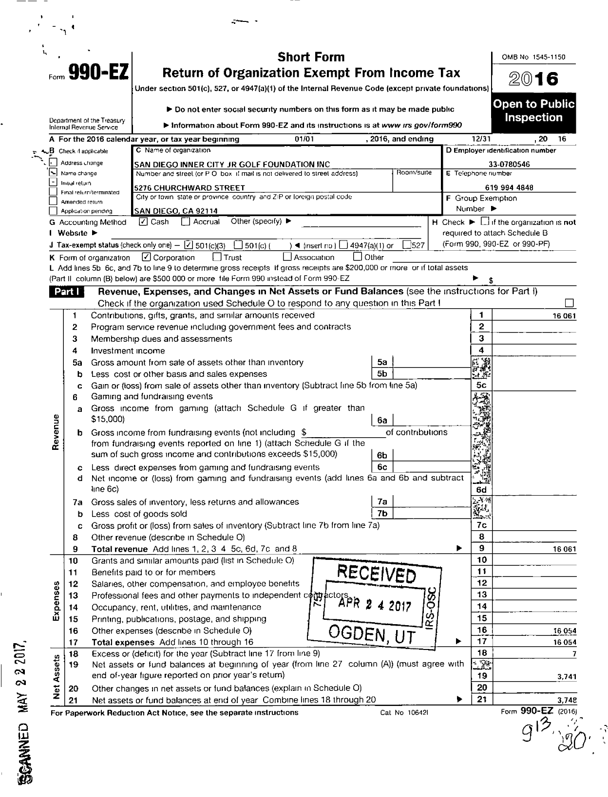 Image of first page of 2016 Form 990EZ for San Diego Inner City Junior Golf Foundation