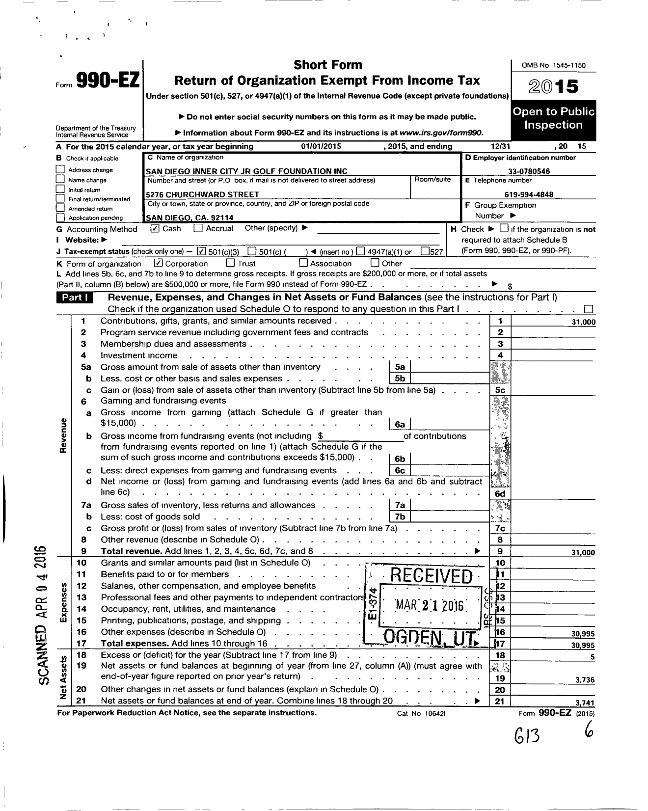 Image of first page of 2015 Form 990EZ for San Diego Inner City Junior Golf Foundation