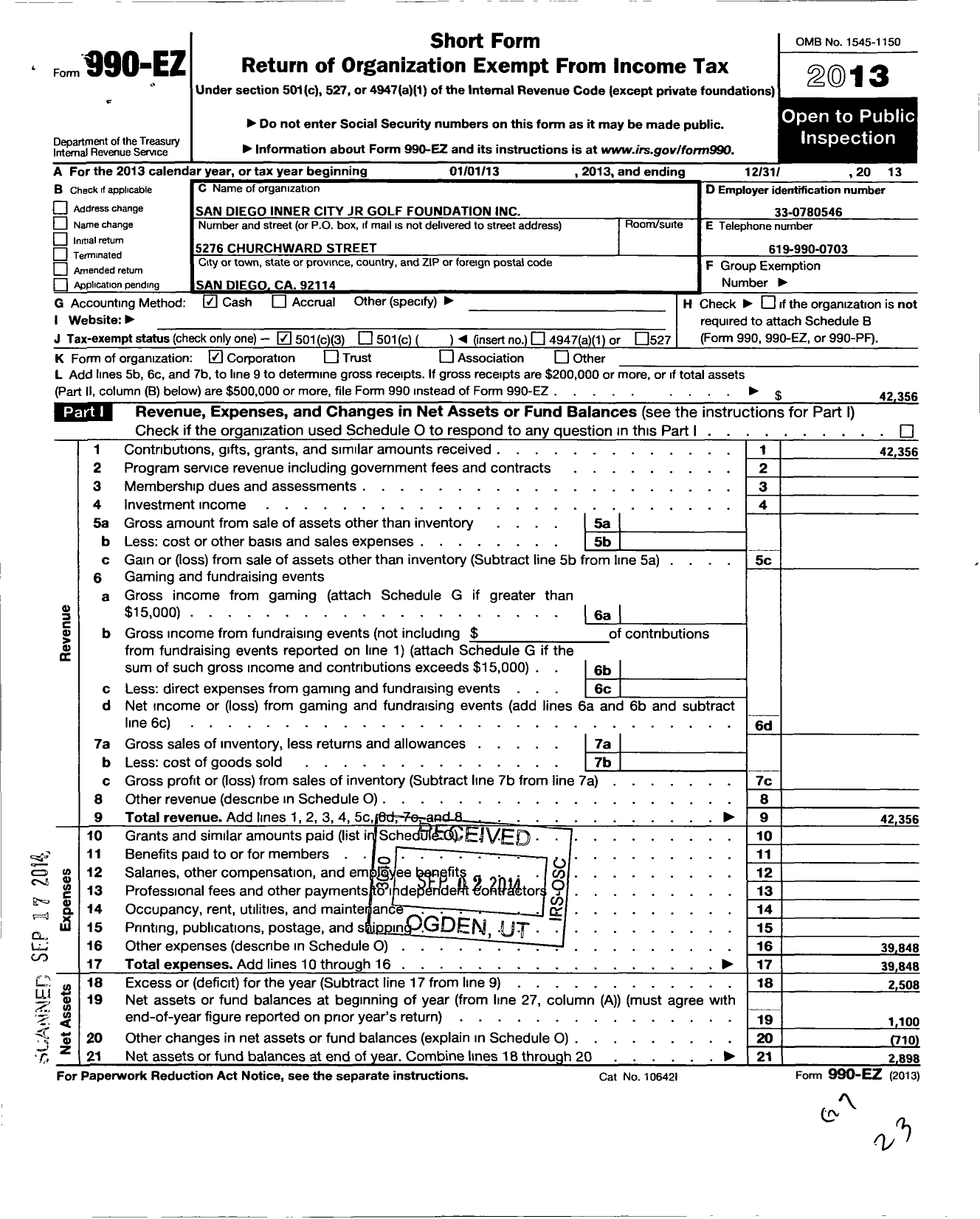 Image of first page of 2013 Form 990EZ for San Diego Inner City Junior Golf Foundation