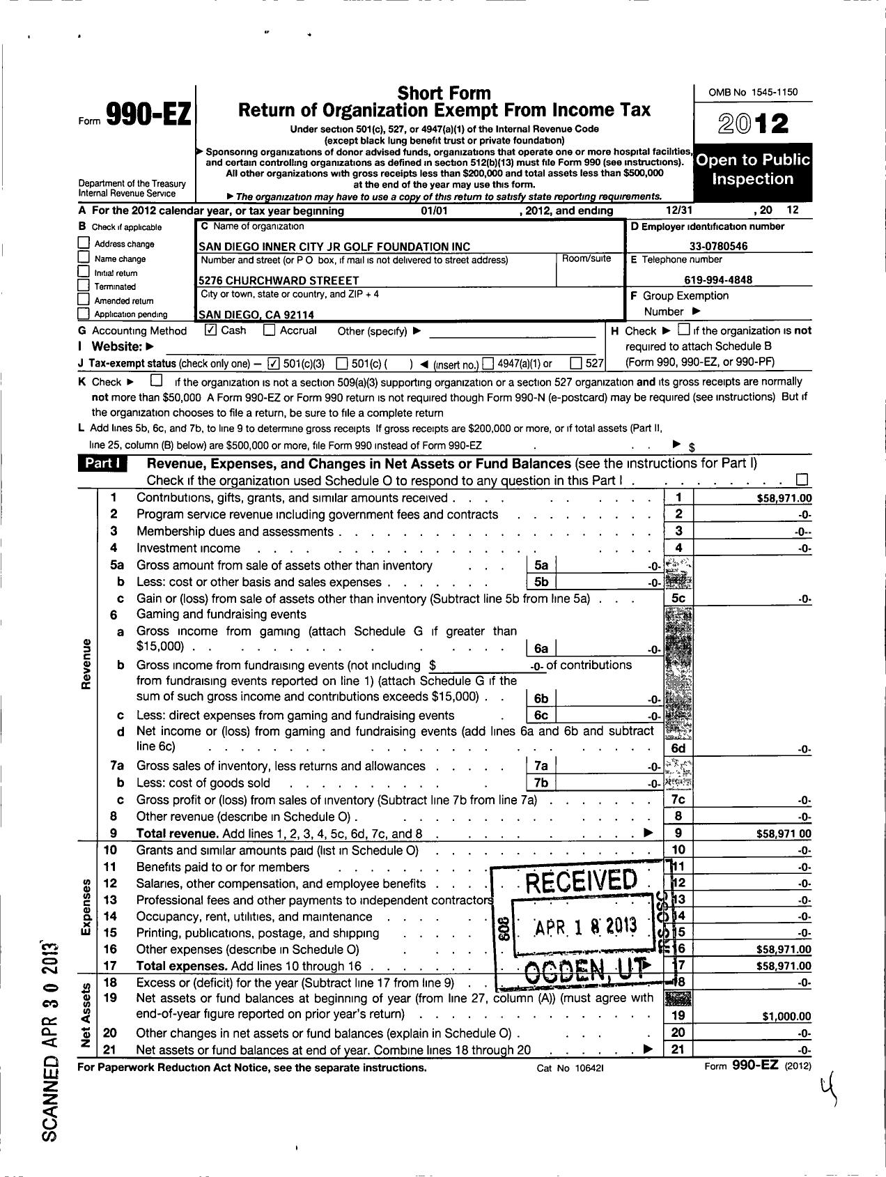 Image of first page of 2012 Form 990EZ for San Diego Inner City Junior Golf Foundation