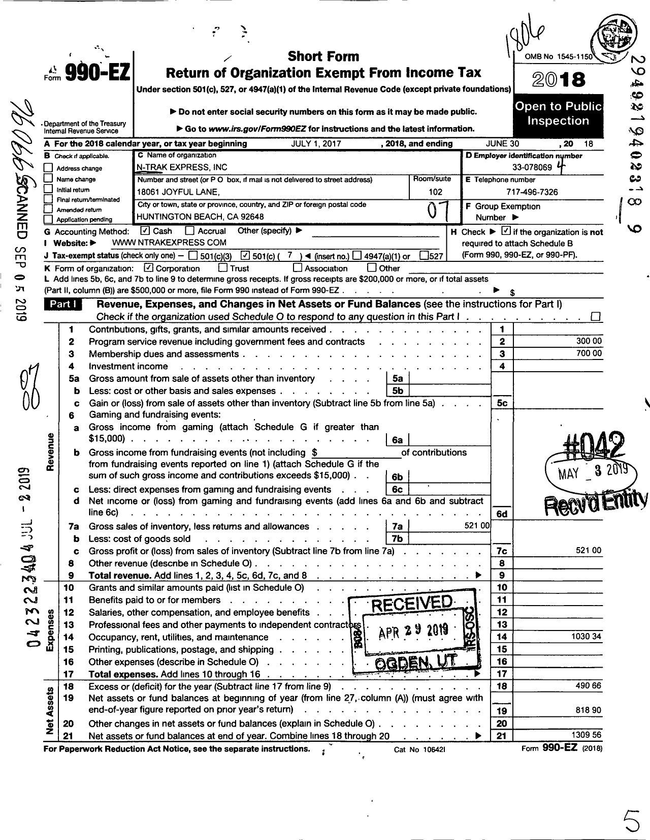 Image of first page of 2017 Form 990EO for N-Trak Express