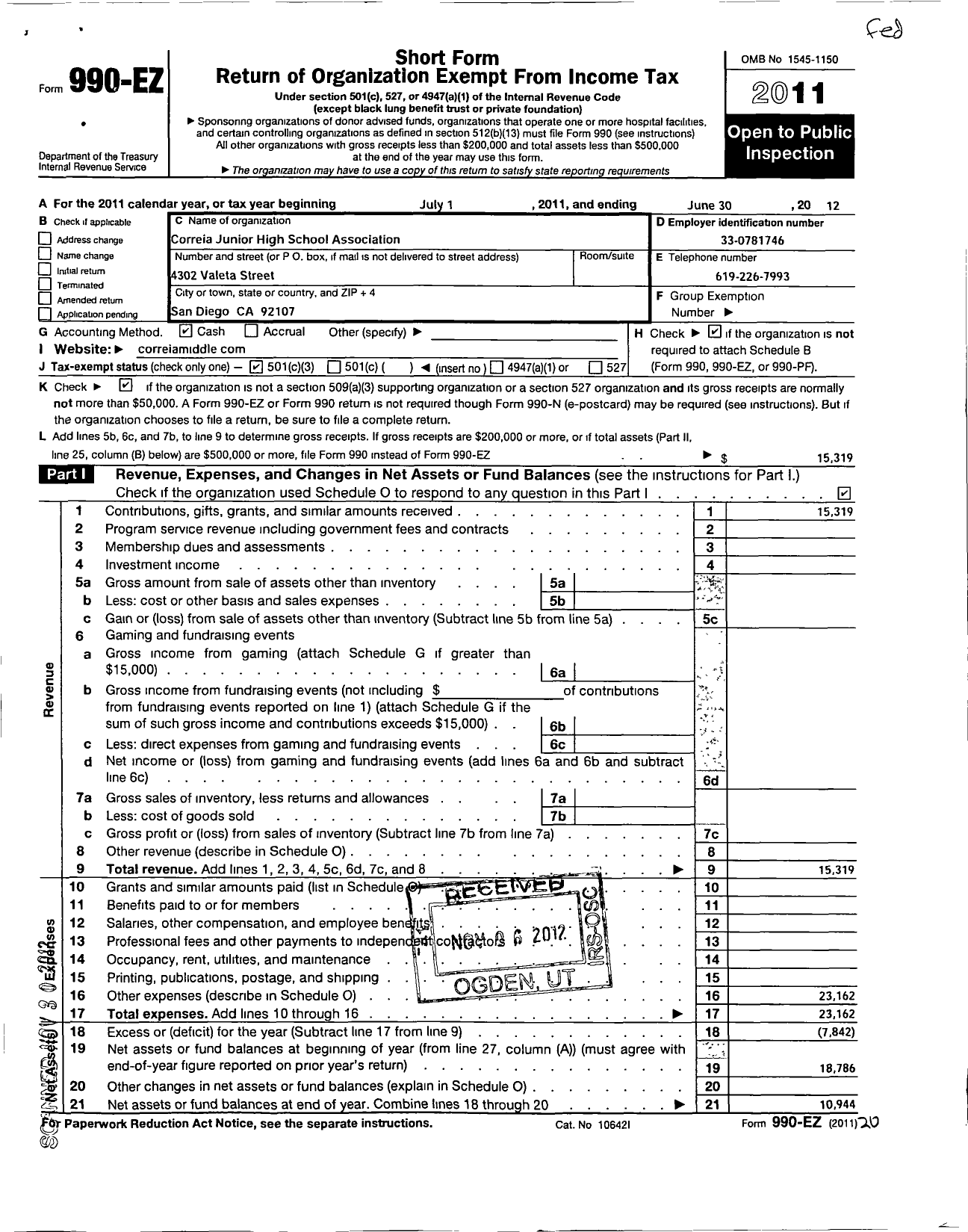 Image of first page of 2011 Form 990EZ for Friends of Dana and Correia Middle Schools