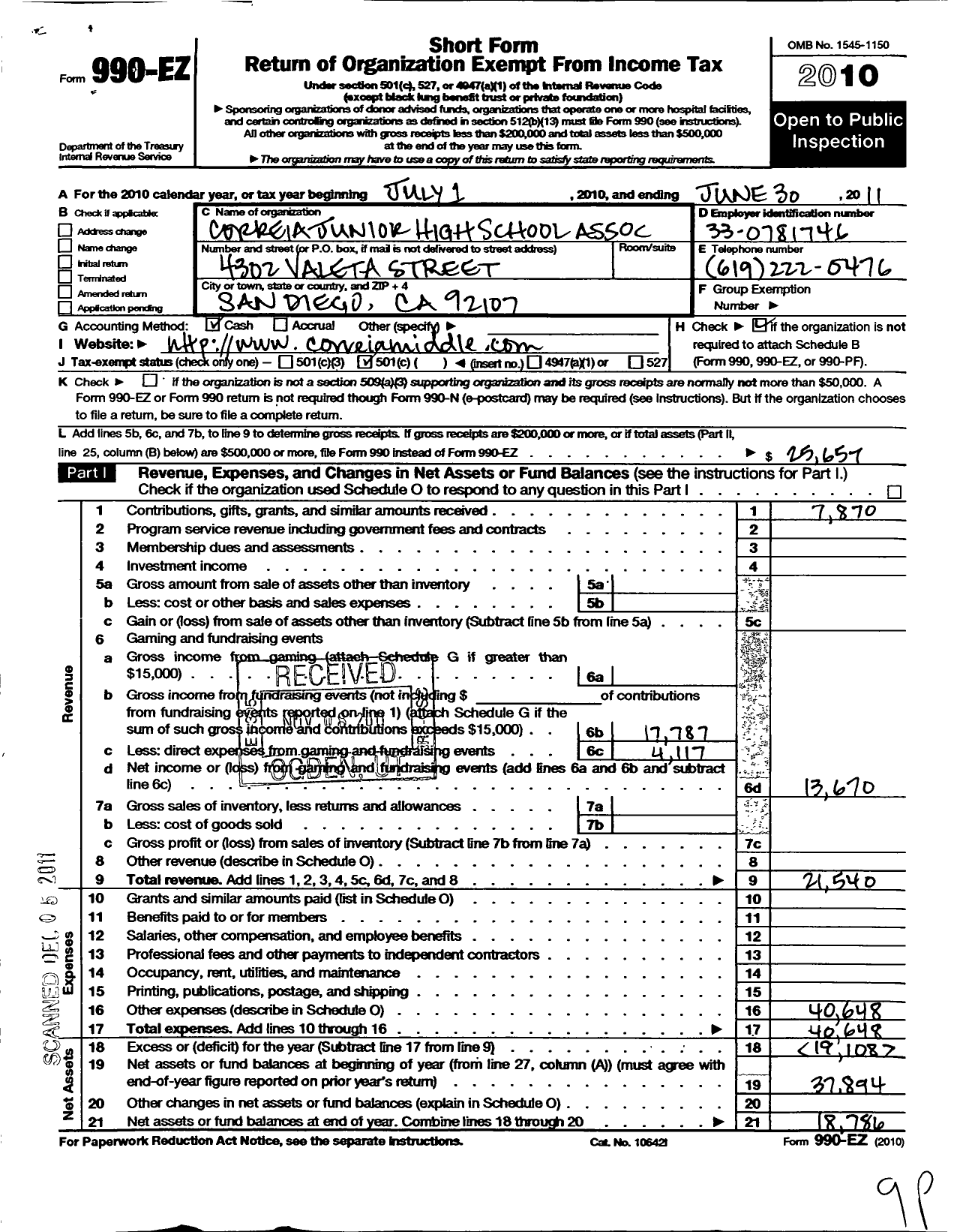 Image of first page of 2010 Form 990EO for Friends of Dana and Correia Middle Schools