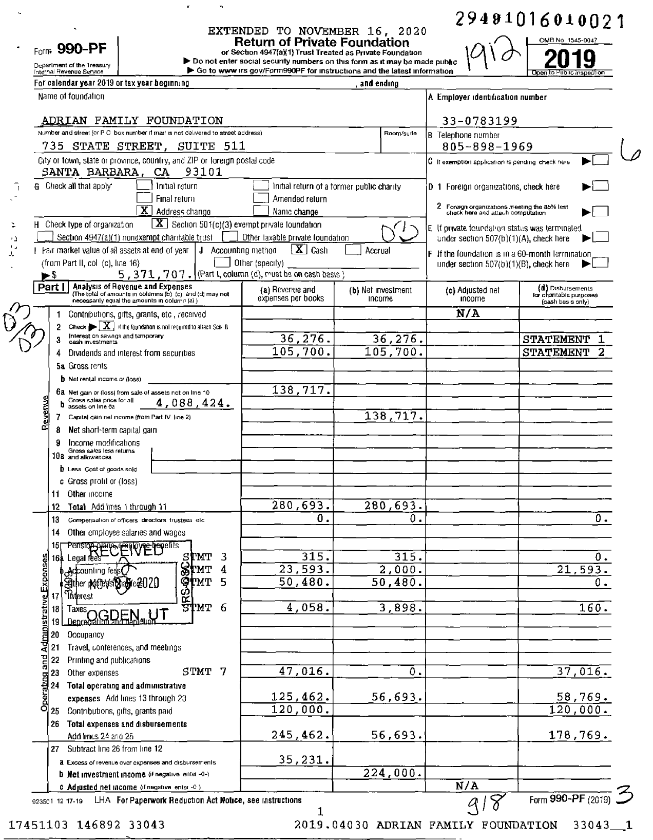 Image of first page of 2019 Form 990PF for Adrian Family Foundation