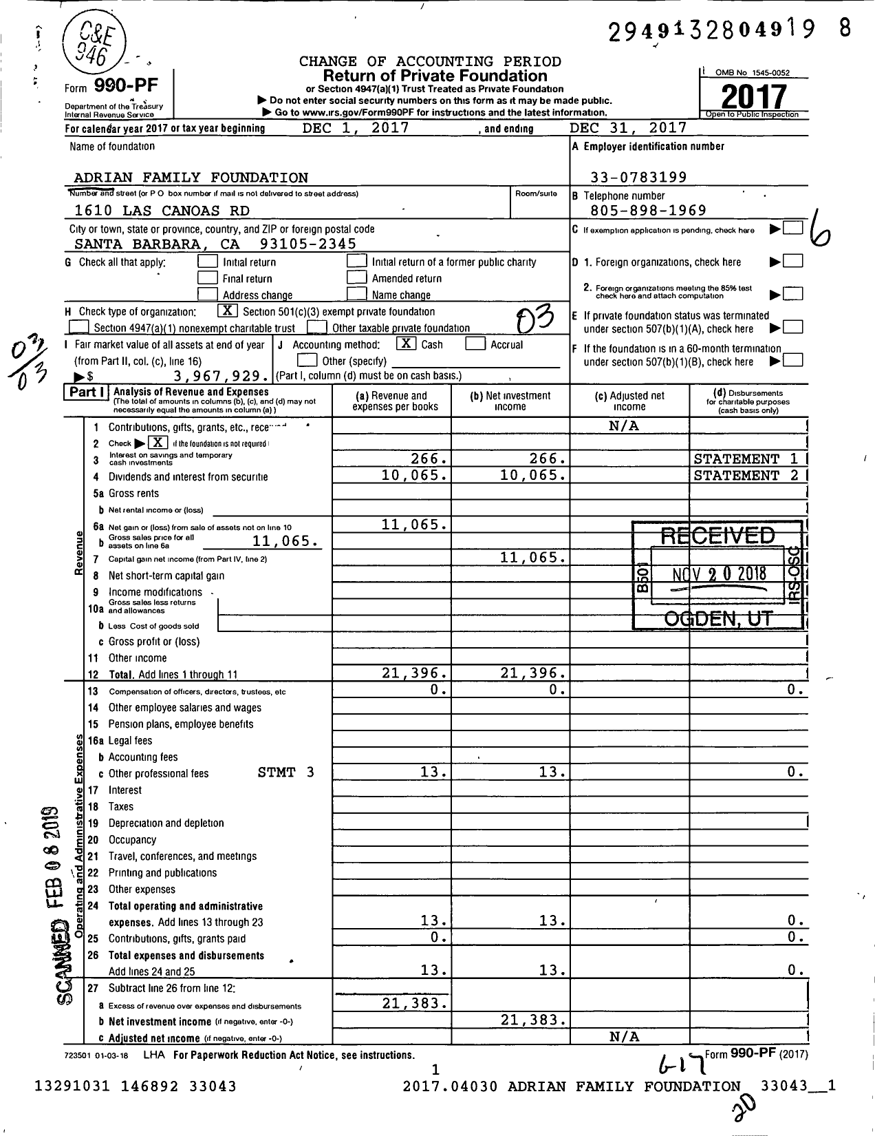 Image of first page of 2017 Form 990PF for Adrian Family Foundation