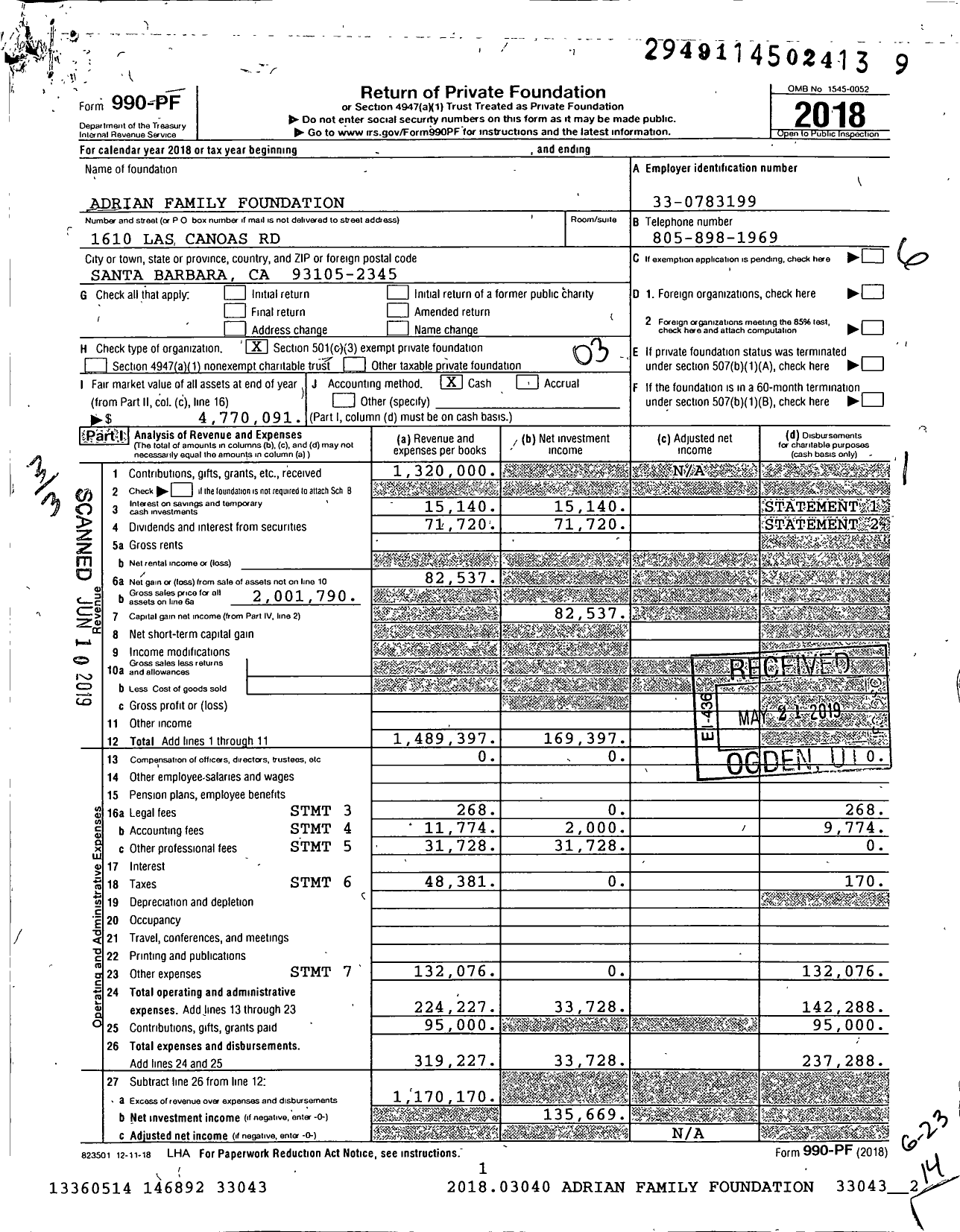 Image of first page of 2018 Form 990PF for Adrian Family Foundation