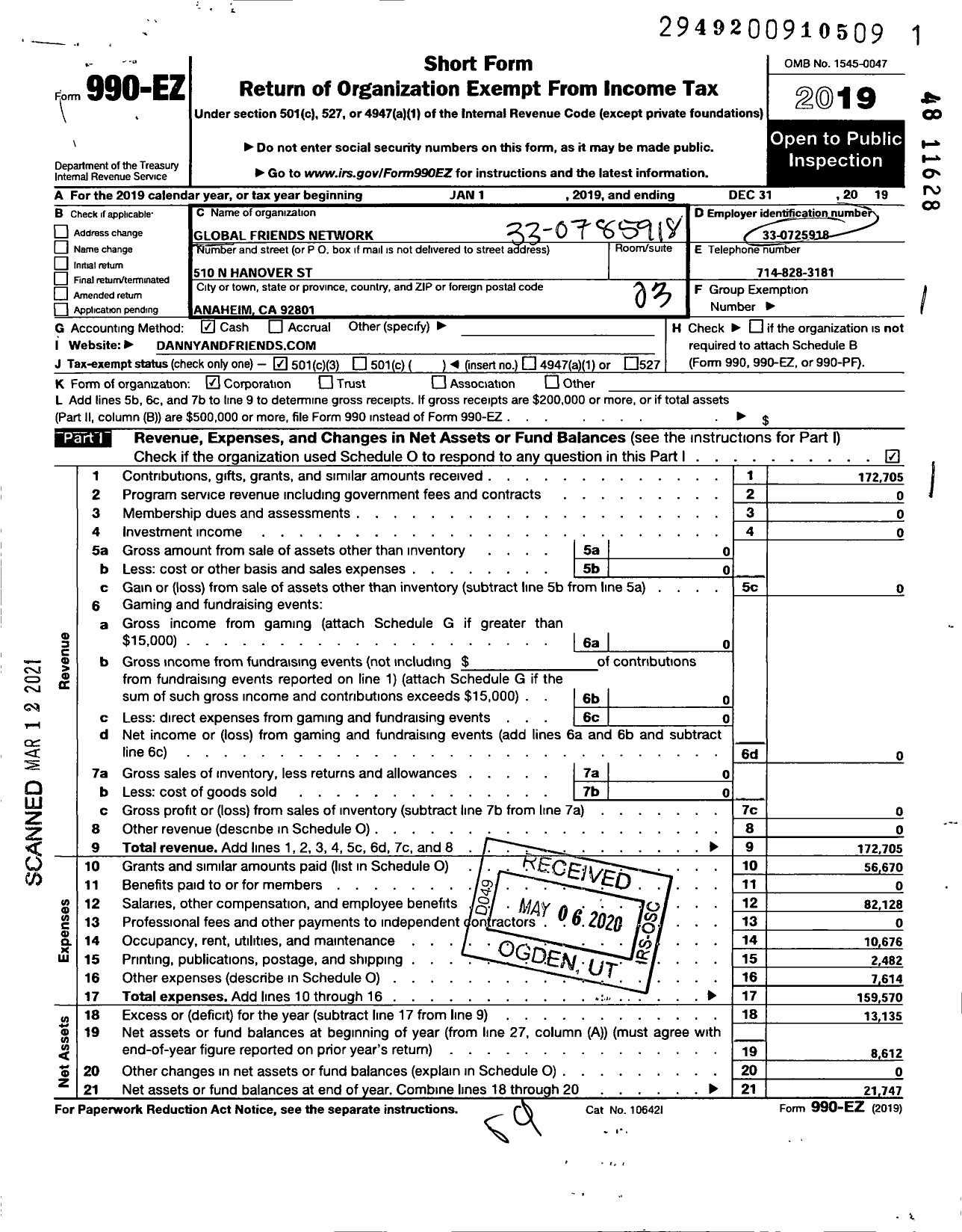 Image of first page of 2019 Form 990EZ for Global Friends Network