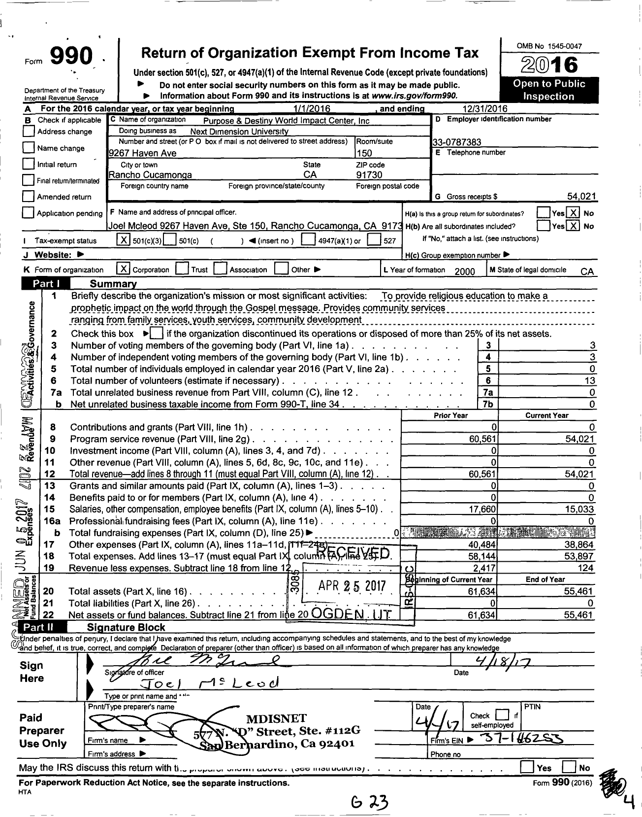 Image of first page of 2016 Form 990 for Purpose and Destiny World Impact Center