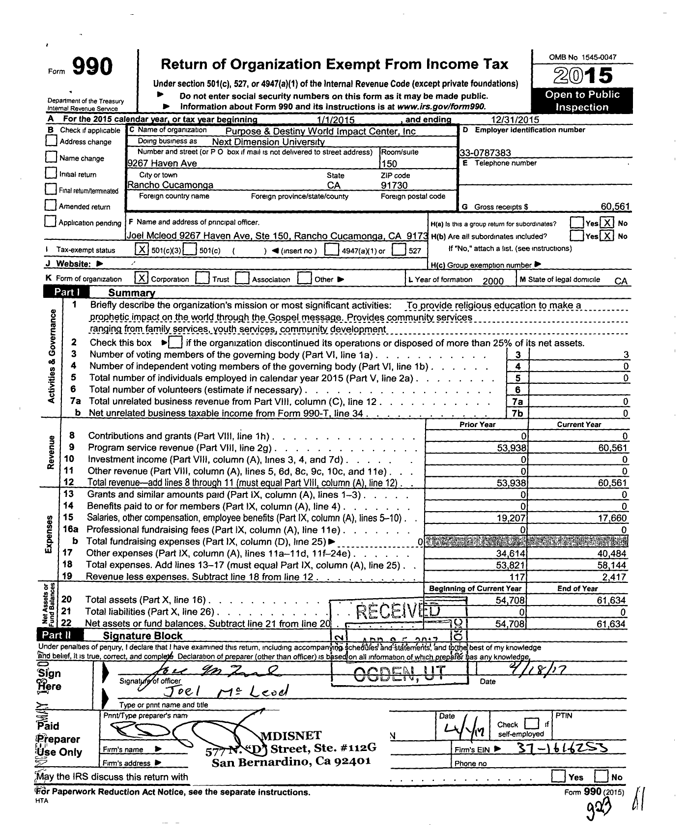 Image of first page of 2015 Form 990 for Purpose and Destiny World Impact Center