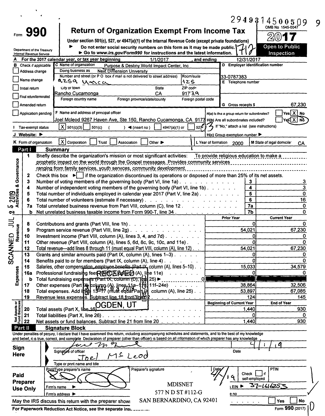 Image of first page of 2017 Form 990 for Purpose and Destiny World Impact Center