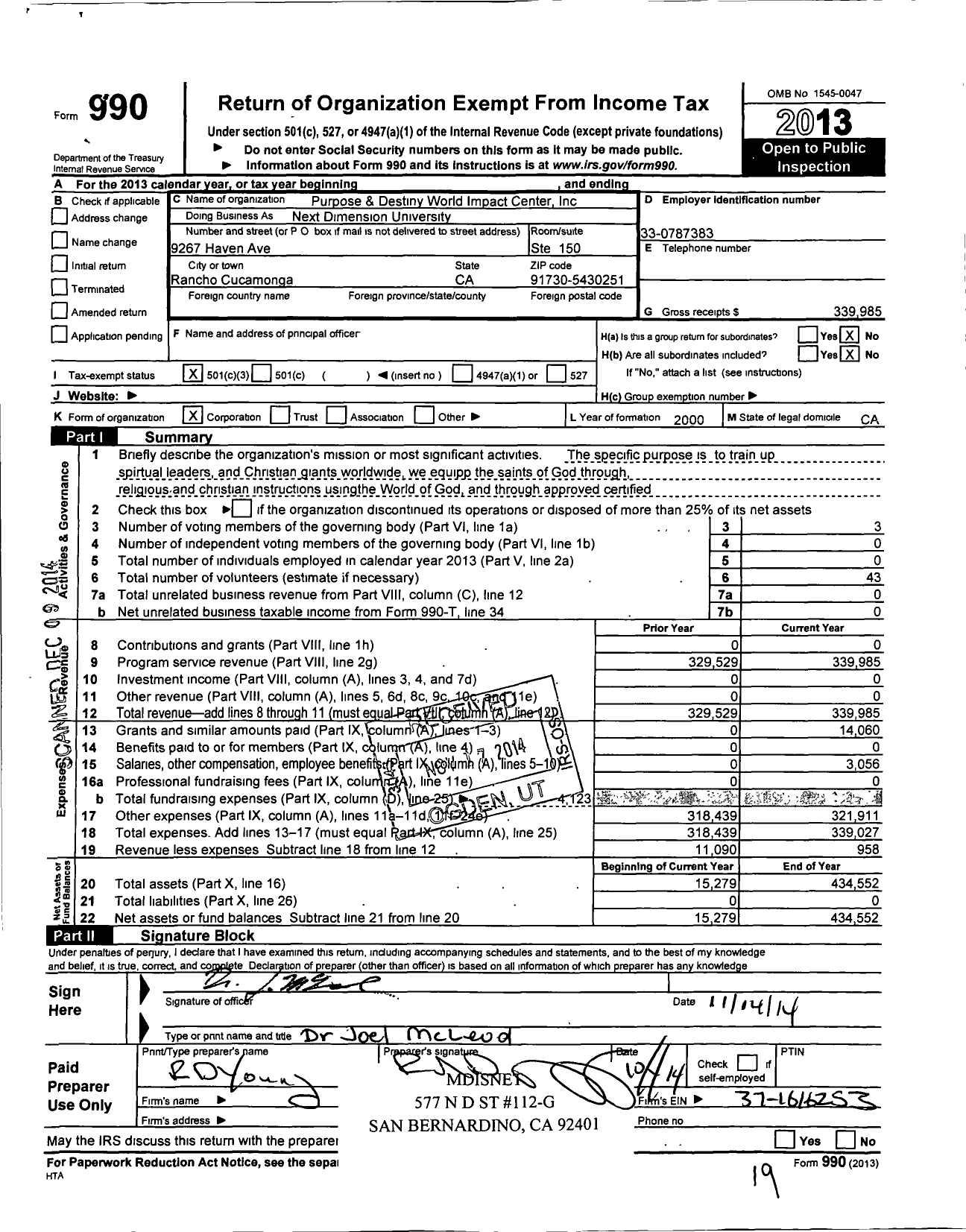 Image of first page of 2013 Form 990 for Purpose and Destiny World Impact Center