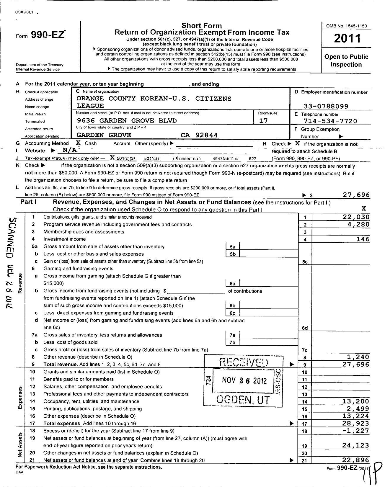 Image of first page of 2011 Form 990EZ for Orange County Korean U S Citizen League