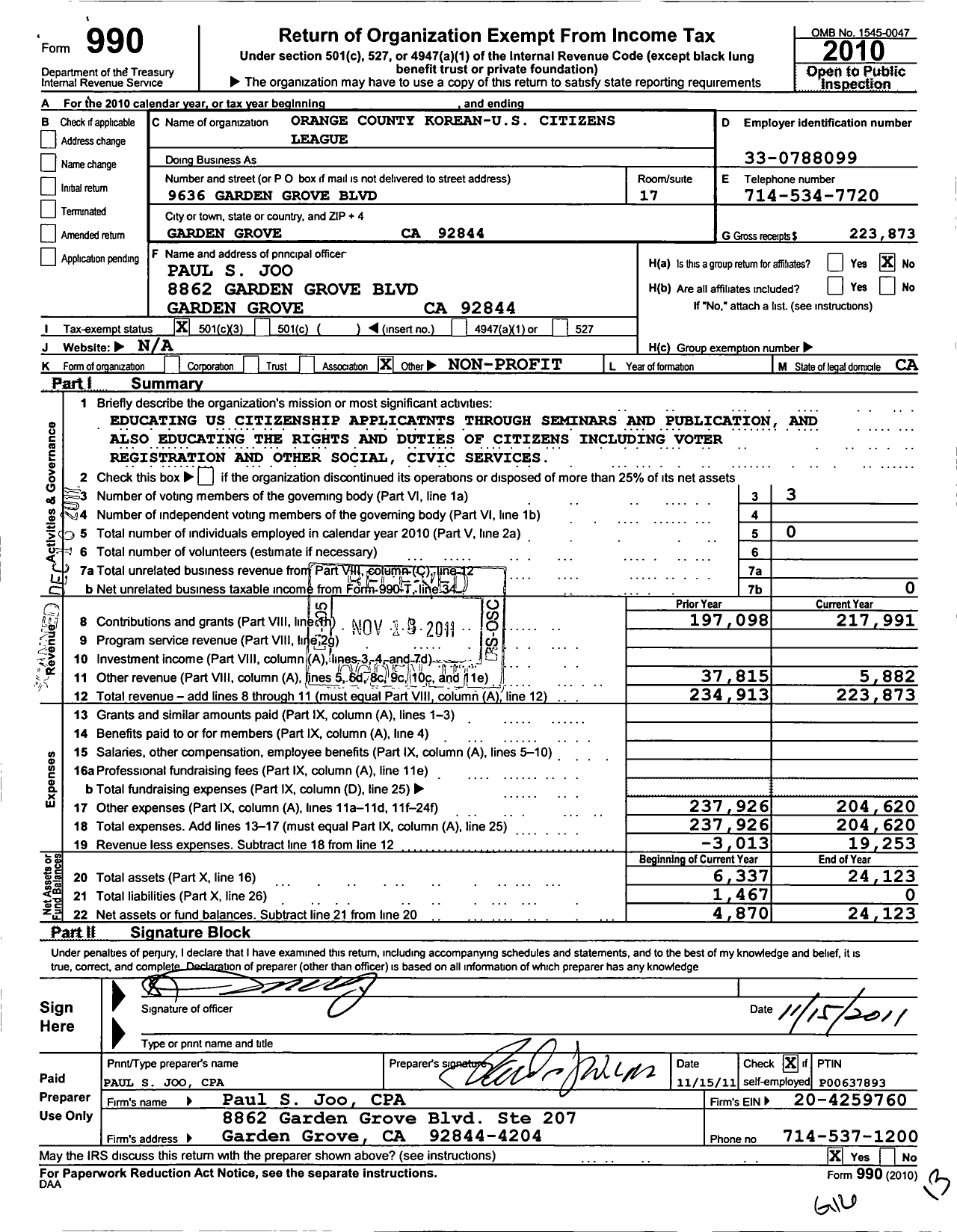 Image of first page of 2010 Form 990 for Orange County Korean U S Citizen League