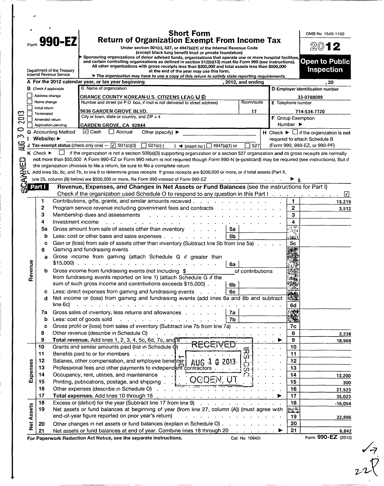 Image of first page of 2012 Form 990EZ for Orange County Korean U S Citizen League