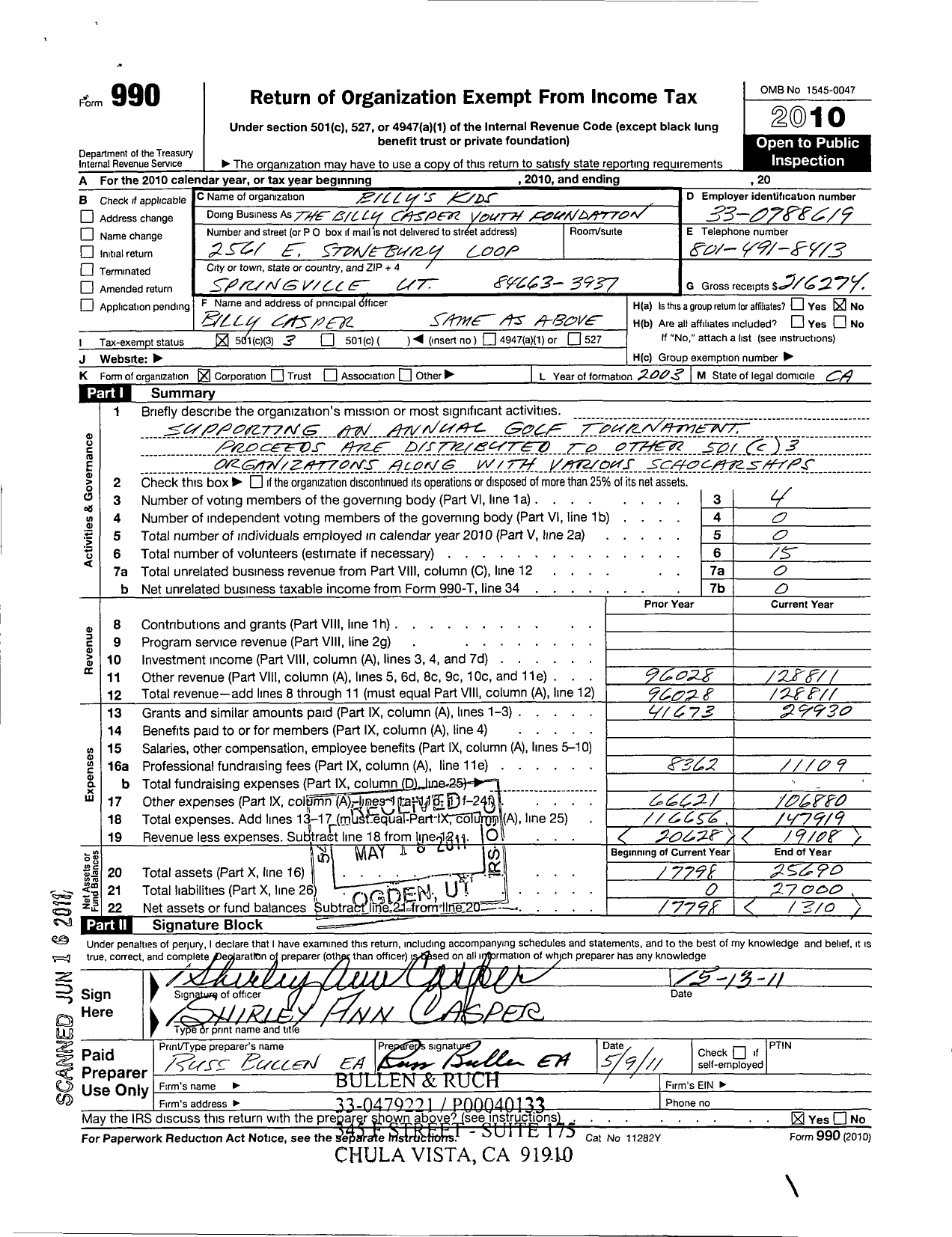 Image of first page of 2010 Form 990 for The Billy Casper Youth