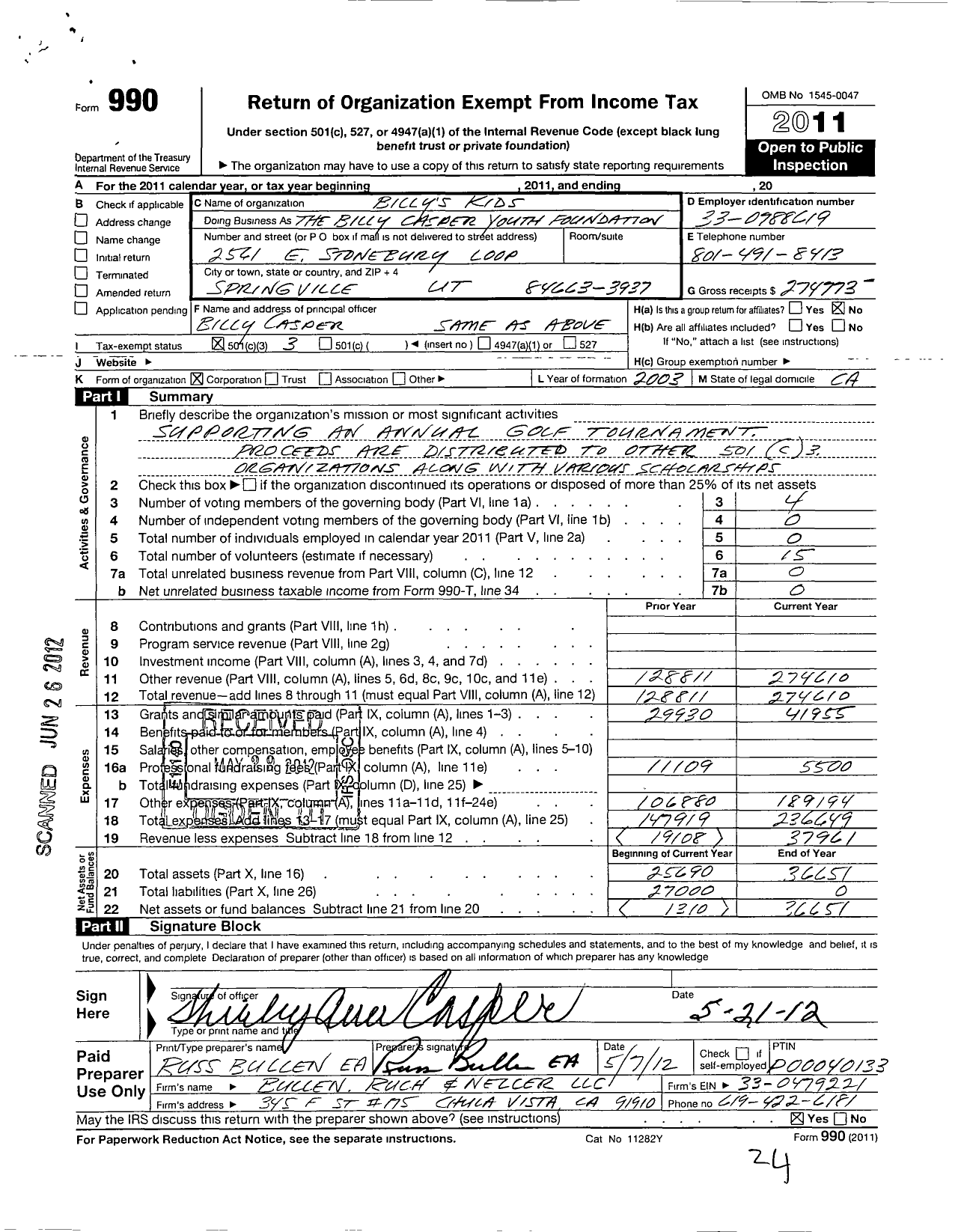 Image of first page of 2011 Form 990 for The Billy Casper Youth