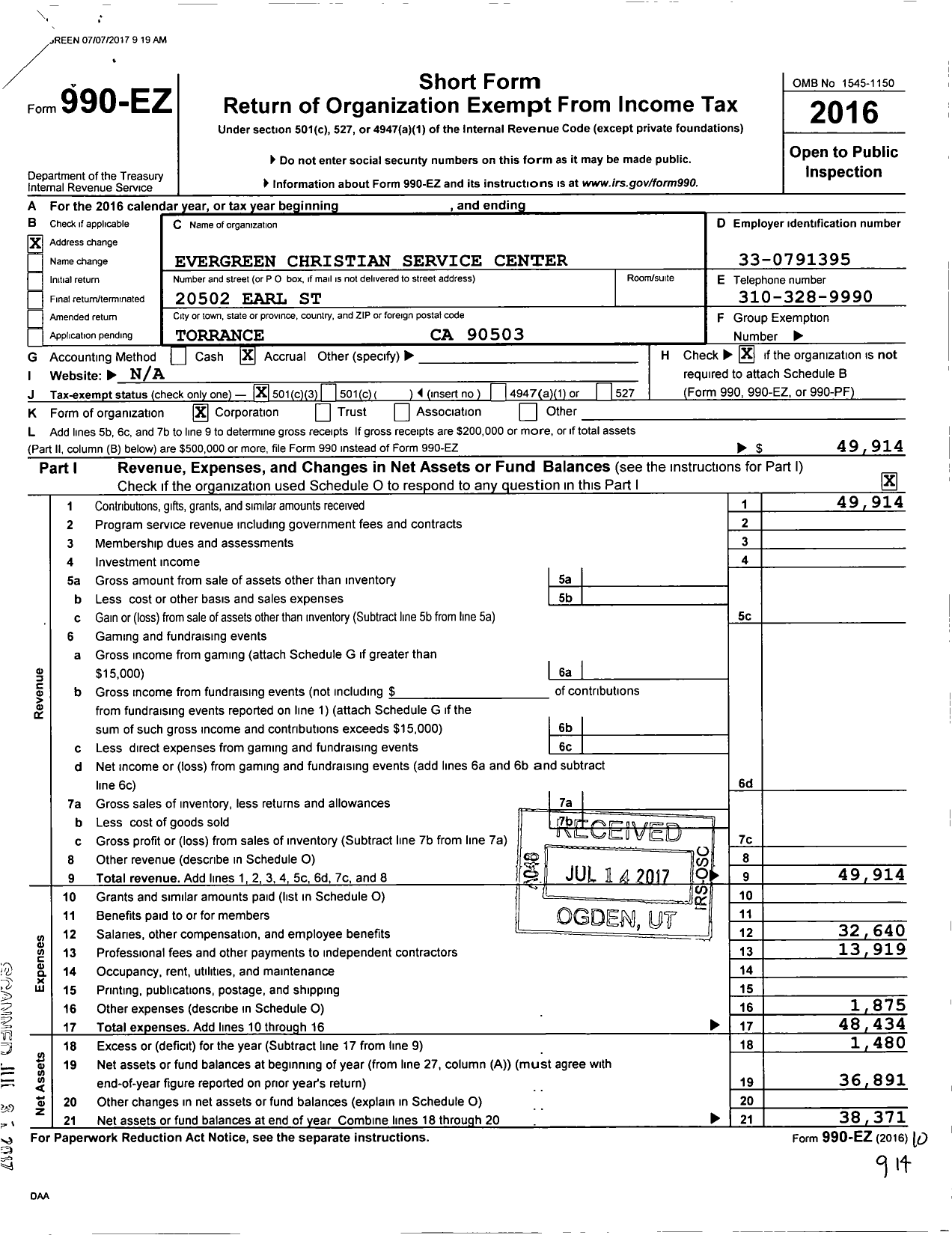 Image of first page of 2016 Form 990EZ for Evergreen Christian Service Center
