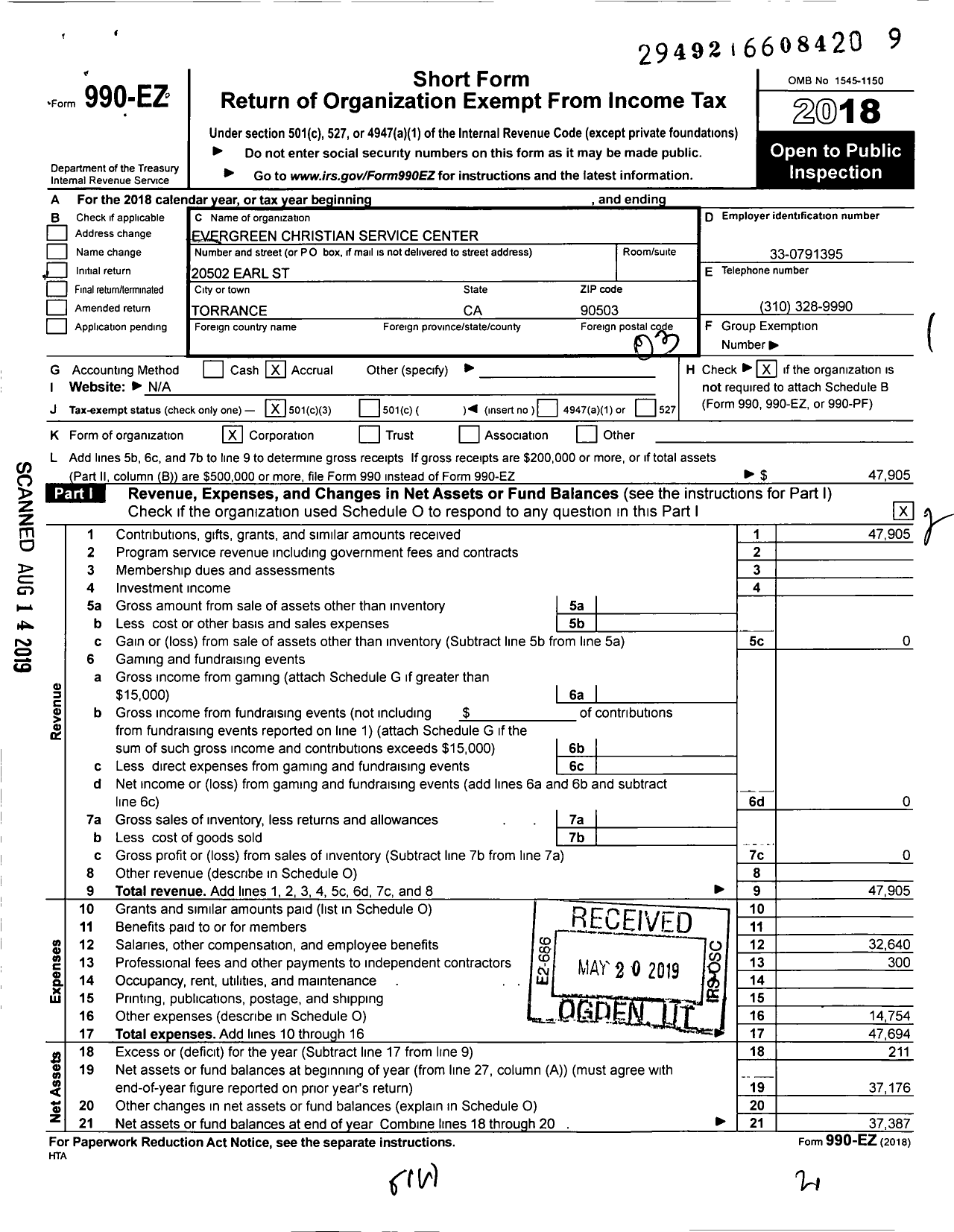 Image of first page of 2018 Form 990EZ for Evergreen Christian Service Center