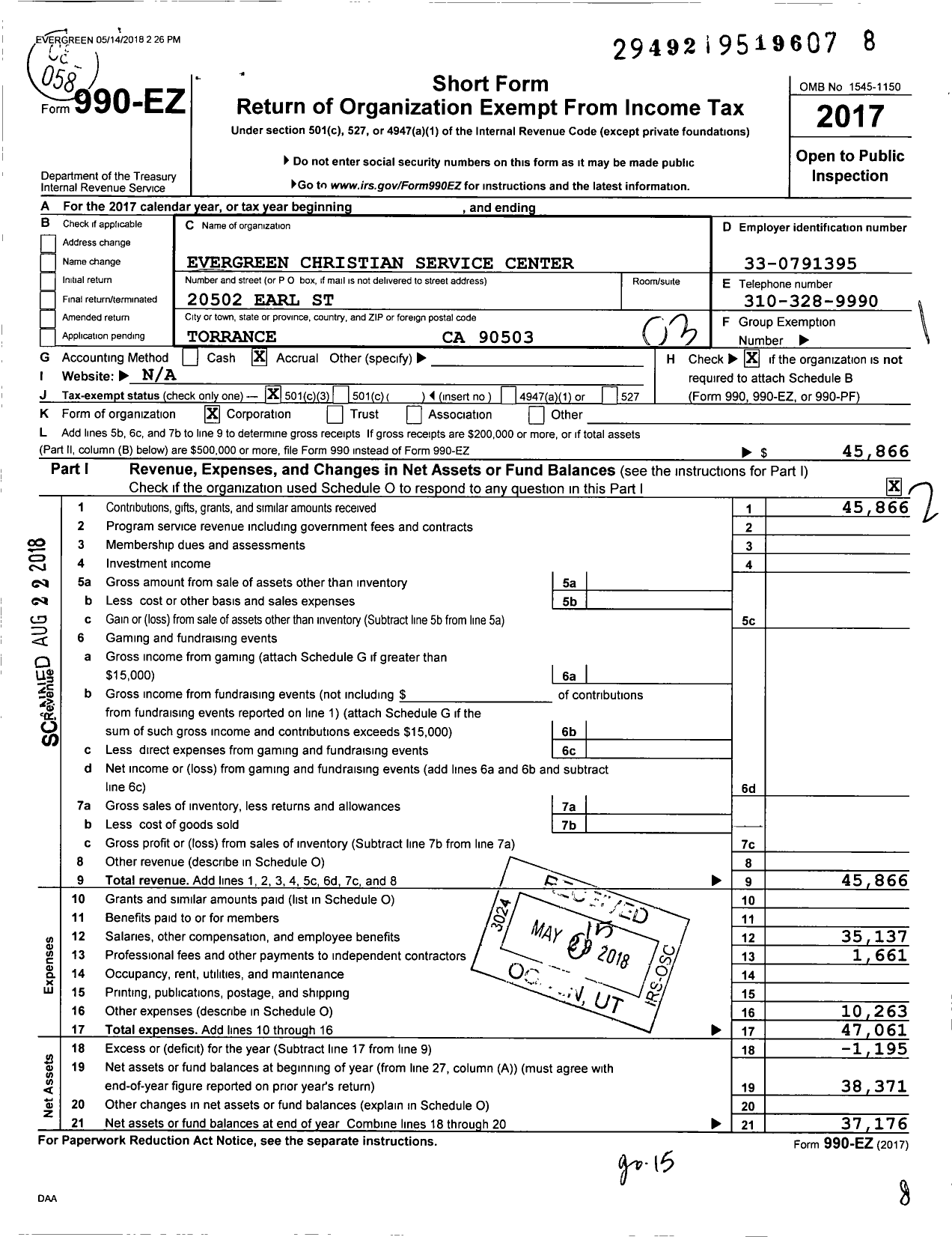 Image of first page of 2017 Form 990EZ for Evergreen Christian Service Center