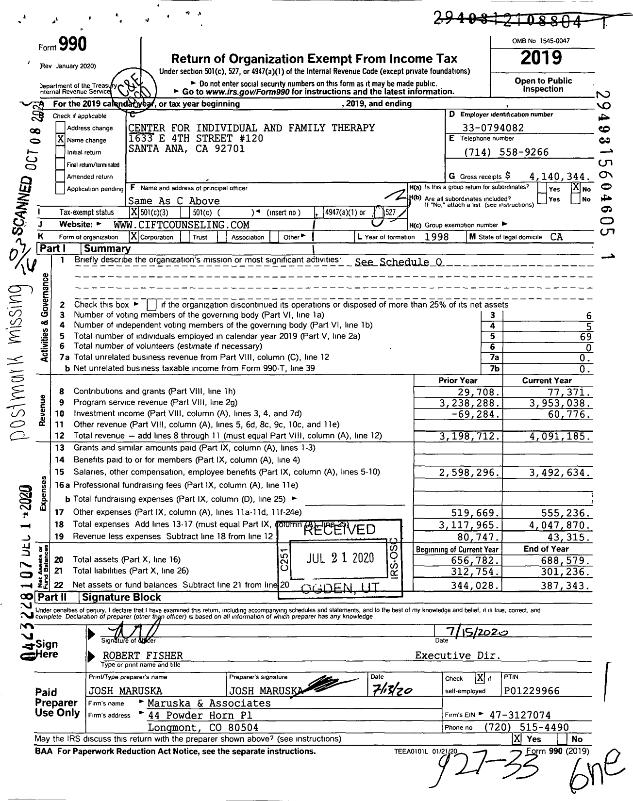 Image of first page of 2019 Form 990 for Center for Individual and Family Therapy