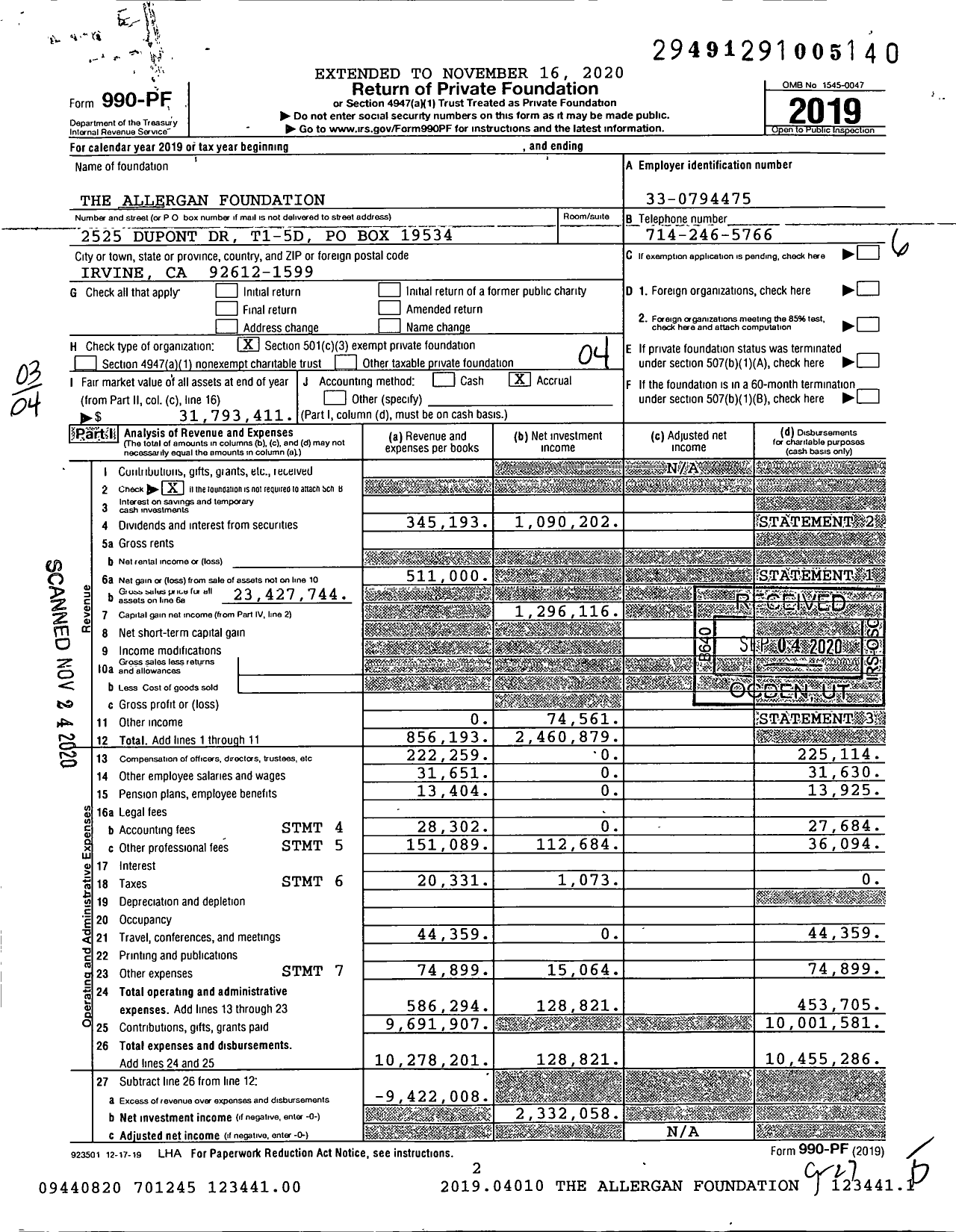 Image of first page of 2019 Form 990PF for The Allergan Foundation