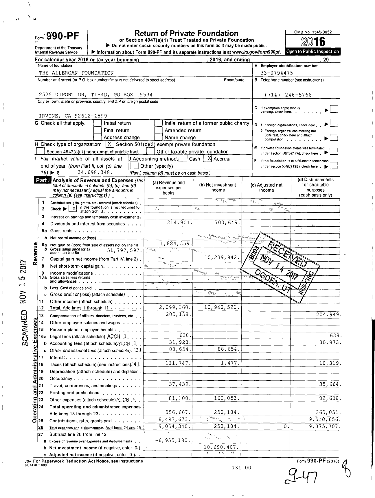 Image of first page of 2016 Form 990PF for The Allergan Foundation