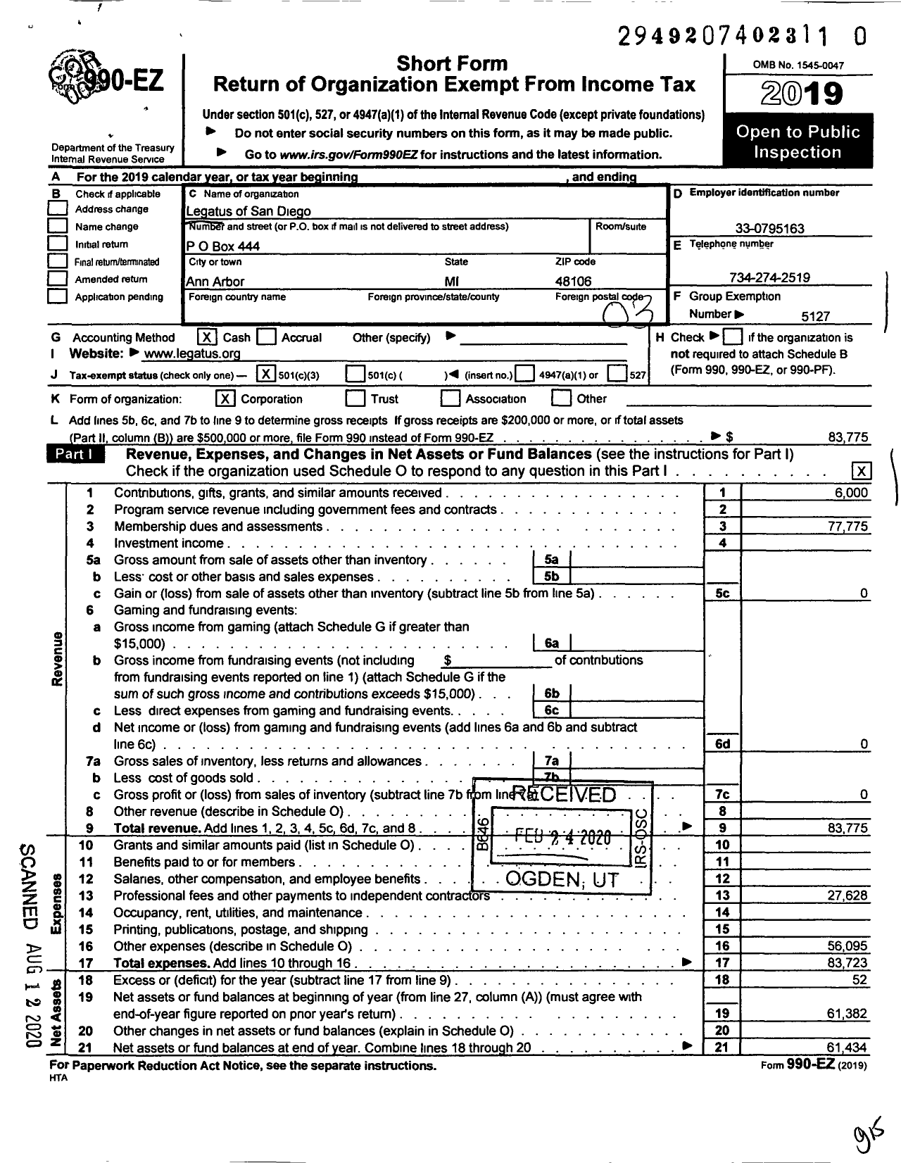 Image of first page of 2019 Form 990EZ for Legatus of San Diego