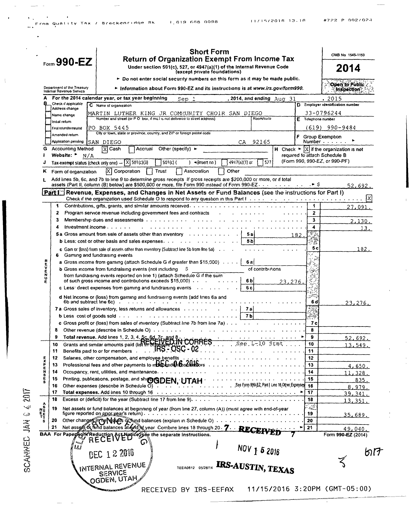 Image of first page of 2014 Form 990EZ for Martin Luther King JR Community Choir San Diego (MLKCCSD)