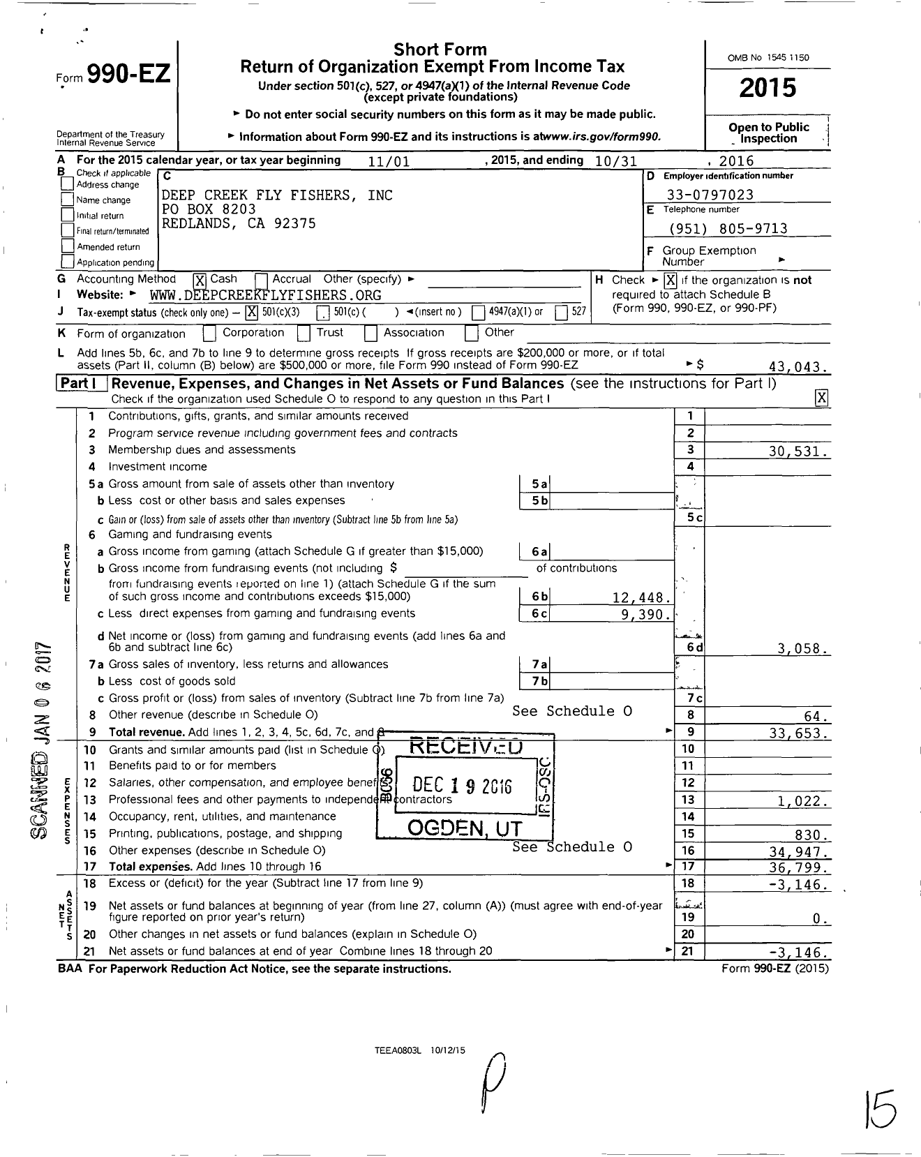 Image of first page of 2015 Form 990EZ for Deep Creek FlyFishers